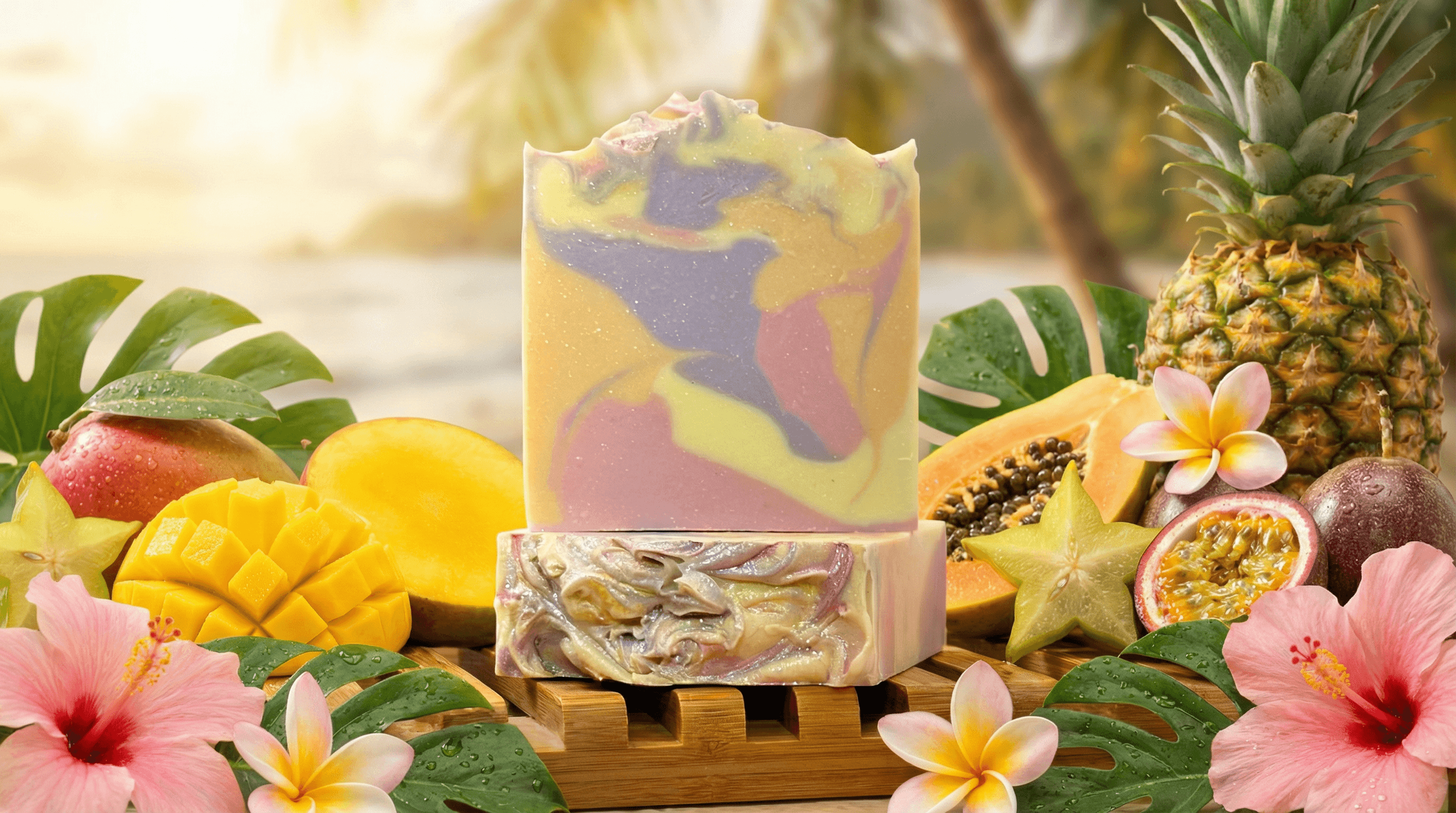 Tropical-themed handmade soap bar with yellow, purple, and pink swirled colors, displayed with fresh mango, pineapple, passion fruit, starfruit, papaya, and hibiscus flowers on bamboo stand.