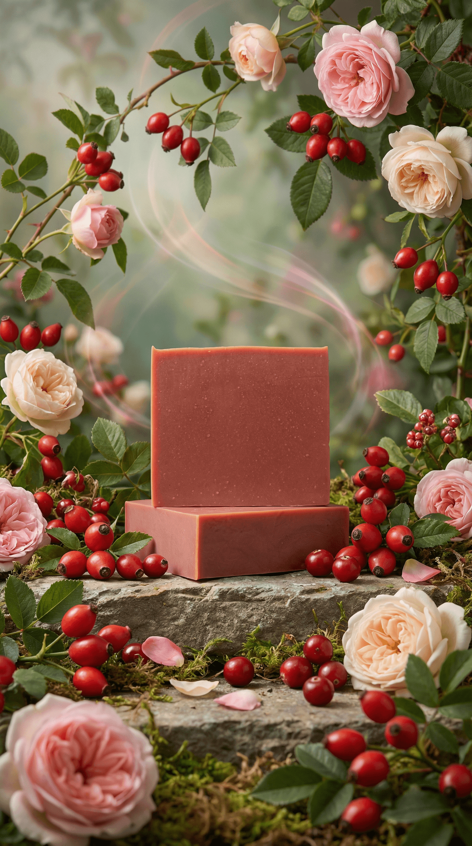 Two terracotta-colored rectangular soap bars with fine speckled texture, displayed on moss-covered stone surrounded by pink roses and red rose hips in a garden setting.