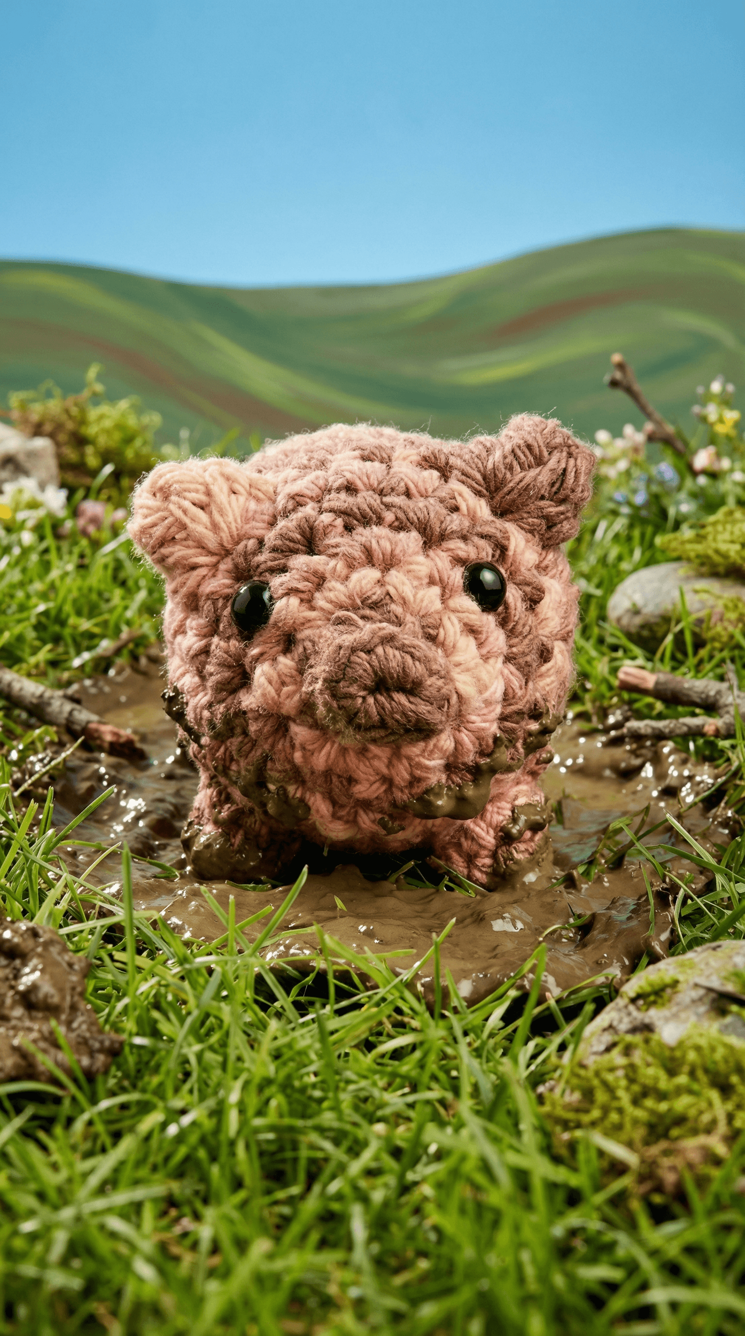 Hand-crocheted pink and brown variegated pig sachet sitting in a shallow puddle on moss and grass, with rolling green hills in soft focus behind it.