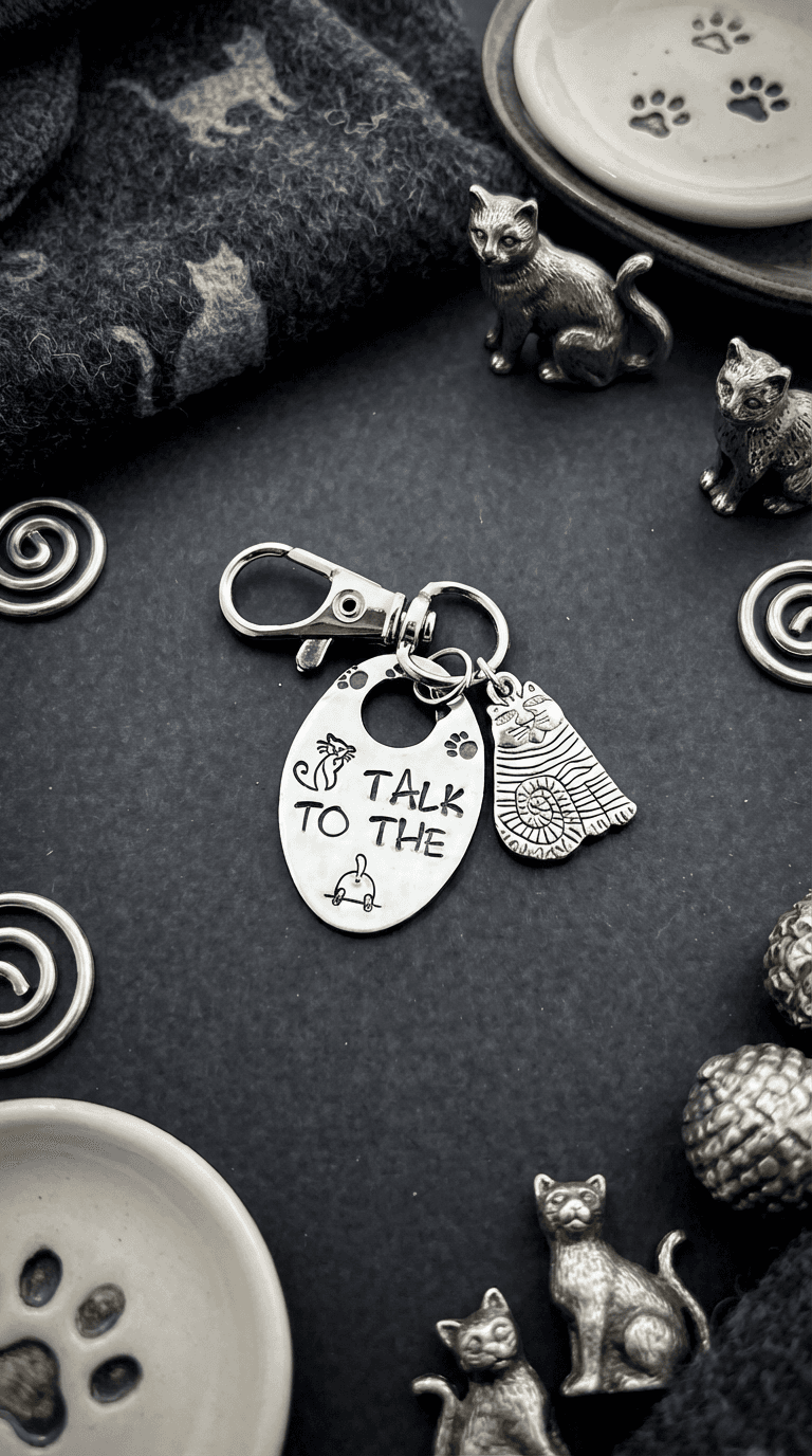 Silver keychain with oval tag reading 'TALK TO THE' with paw prints and cat silhouettes, attached decorative charm, displayed with metal cat figurines and ceramic dishes on dark surface.