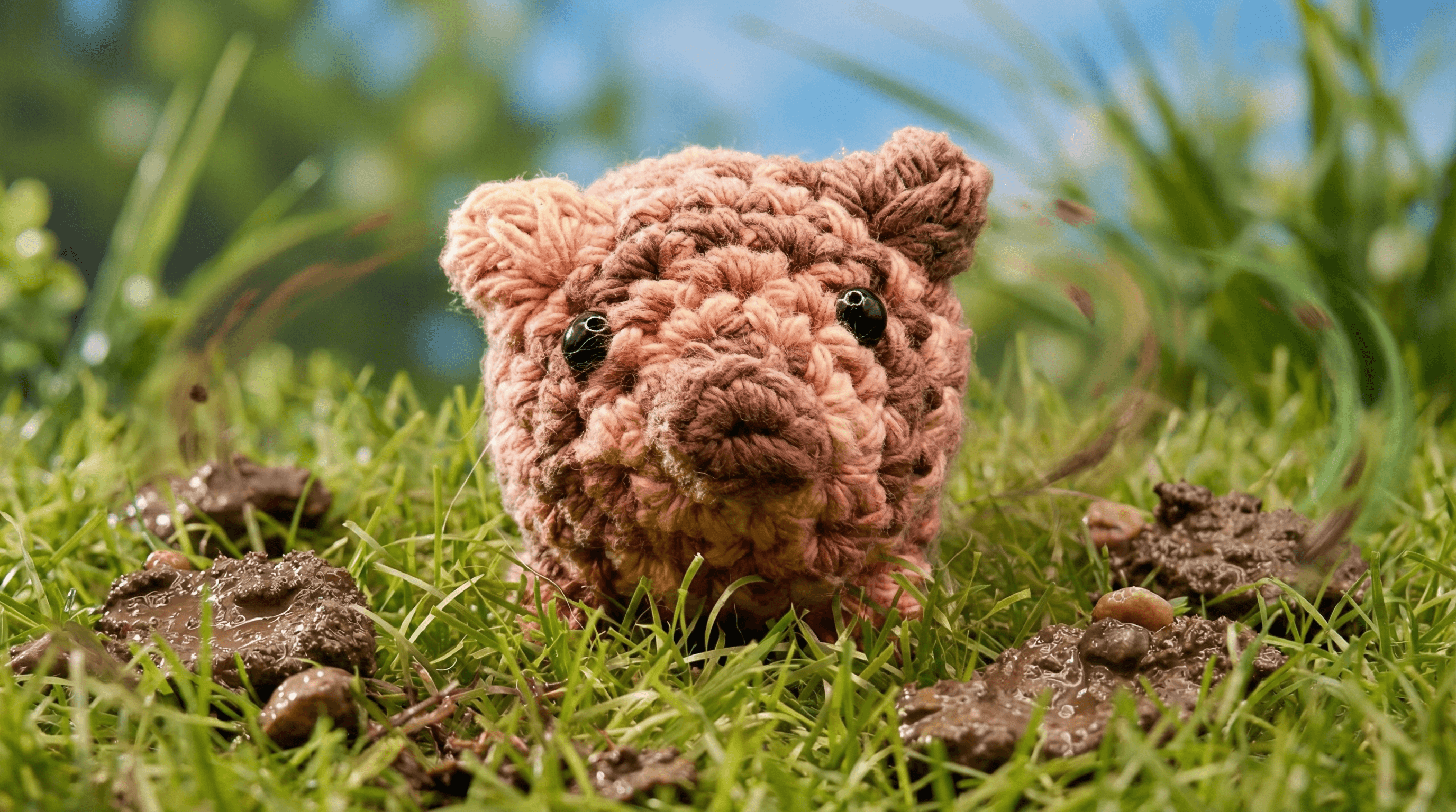 Crocheted pink and brown pig sachet sitting on moss and dirt outdoors, with black bead eyes and textured yarn body in variegated earth tones.