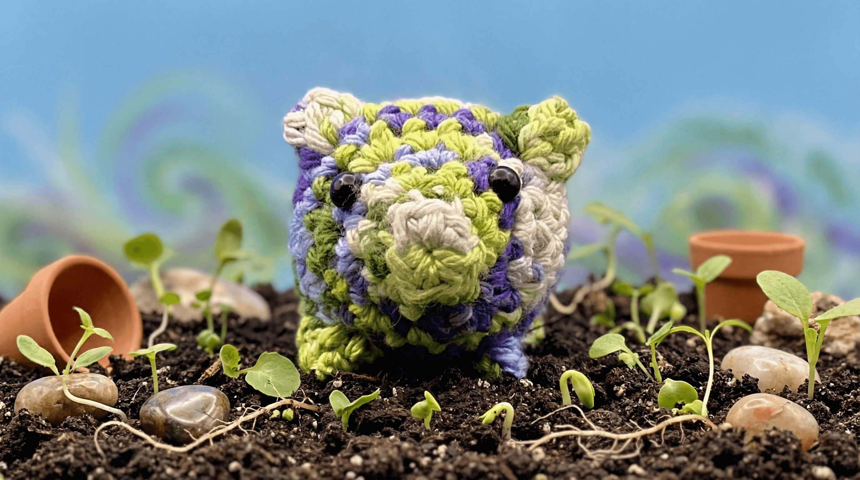 Colorful crocheted pig-shaped sachet with purple, green, and cream yarn stripes sitting on dark soil surrounded by sprouting seedlings and small terracotta pots against a blue sky.