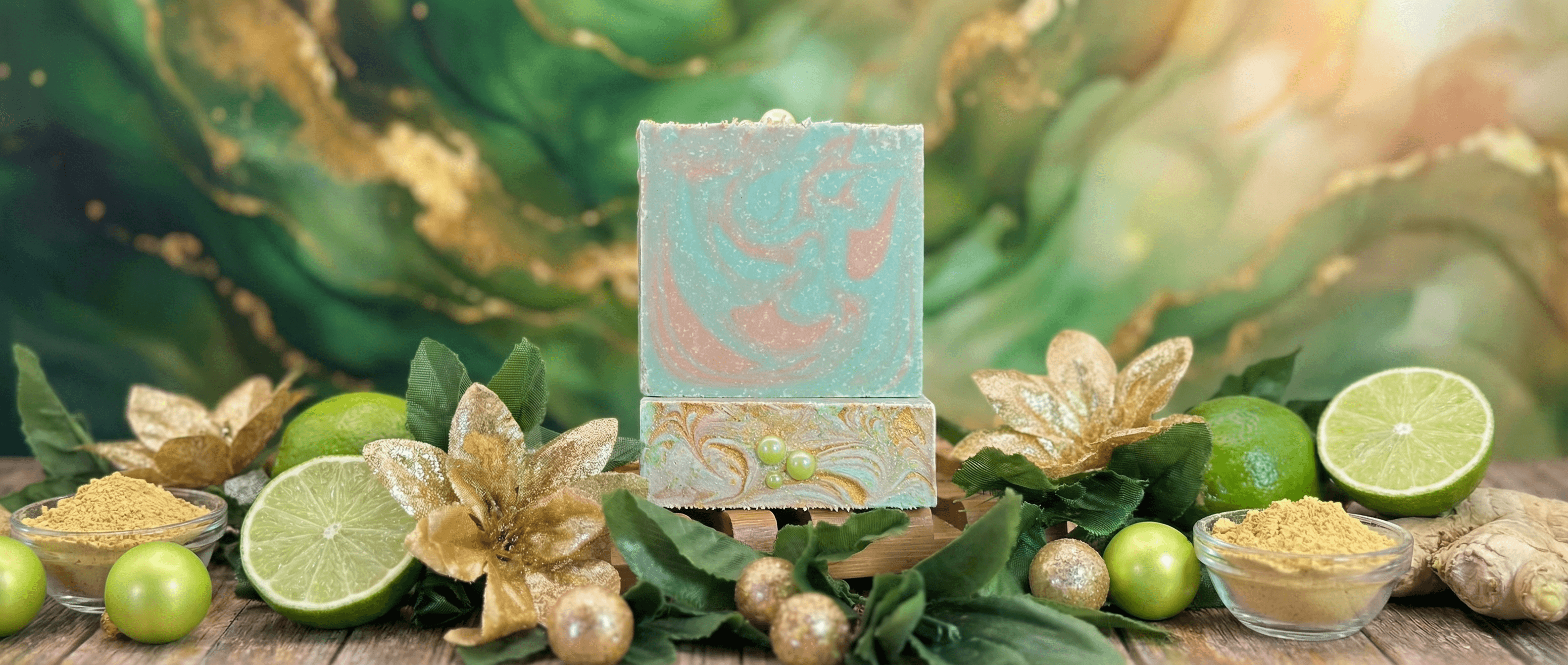 Turquoise and coral swirled handmade soap bar displayed on wooden stand, surrounded by fresh limes, ginger root, golden decorative flowers, and green glass beads against botanical backdrop.