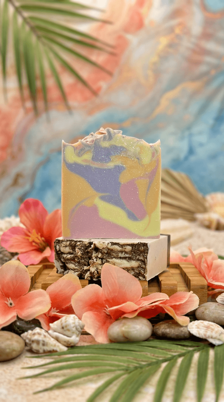 Multicolored swirled soap bar with yellow, purple, and pink marbled pattern, topped with decorative frosting, displayed on wooden tray with tropical flowers, seashells, and palm leaves.