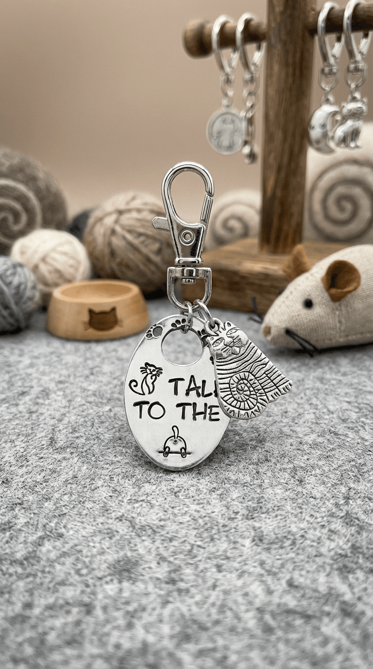 Silver metal keychain with hand-stamped text reading 'TALK TO THE' alongside cat and mouse illustrations, attached to lobster clasp. Displayed on gray surface with craft supplies and toy mouse in background.