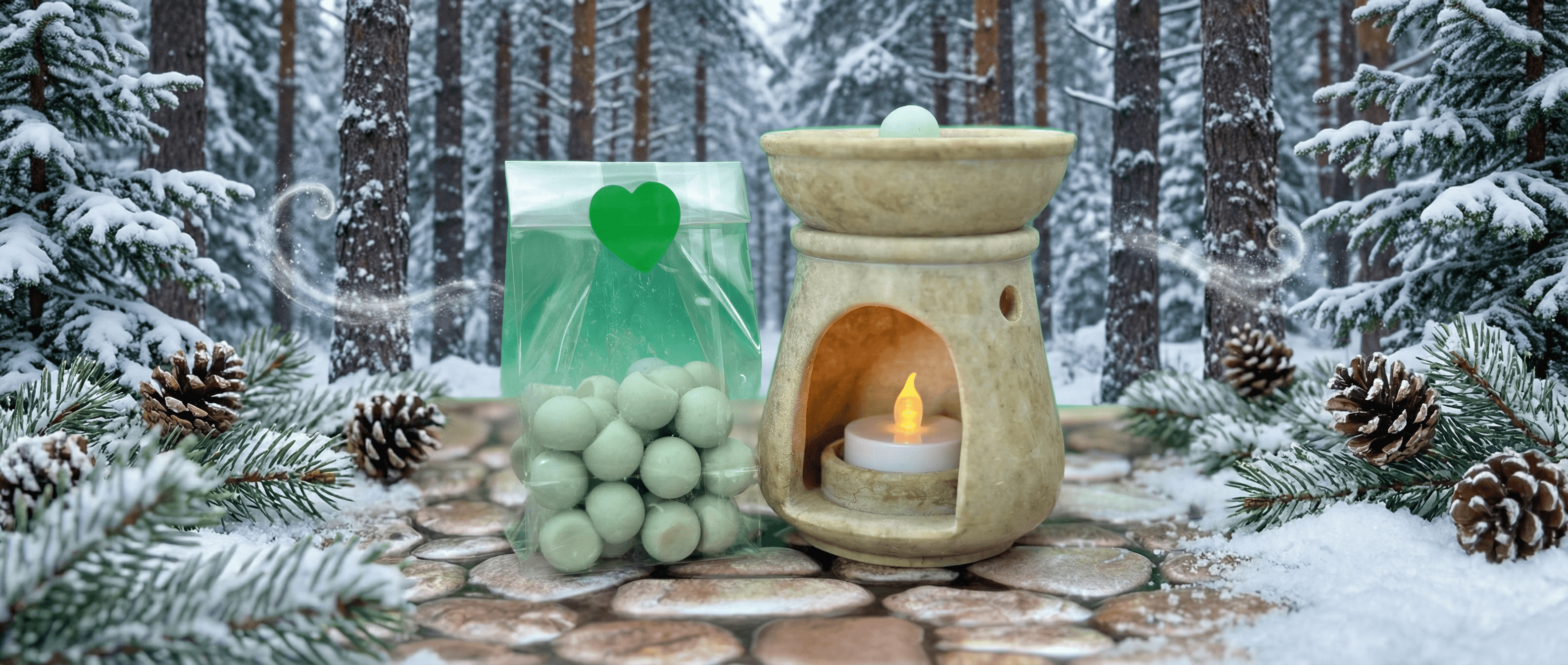Cream-colored ceramic wax melt warmer with lit tea light beside green translucent bag of mint green wax melt spheres, styled on stone platform in snowy pine forest setting.