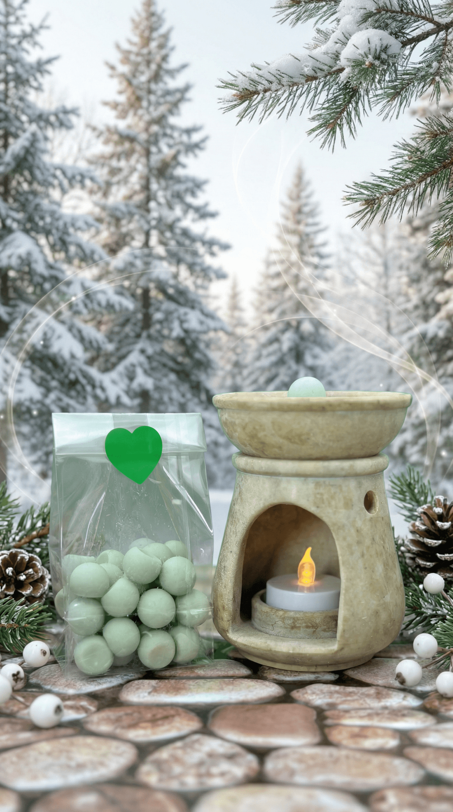 Sage green wax melt spheres in a clear pouch with green heart sticker, displayed next to a lit ceramic wax warmer on stones against a snowy forest backdrop.