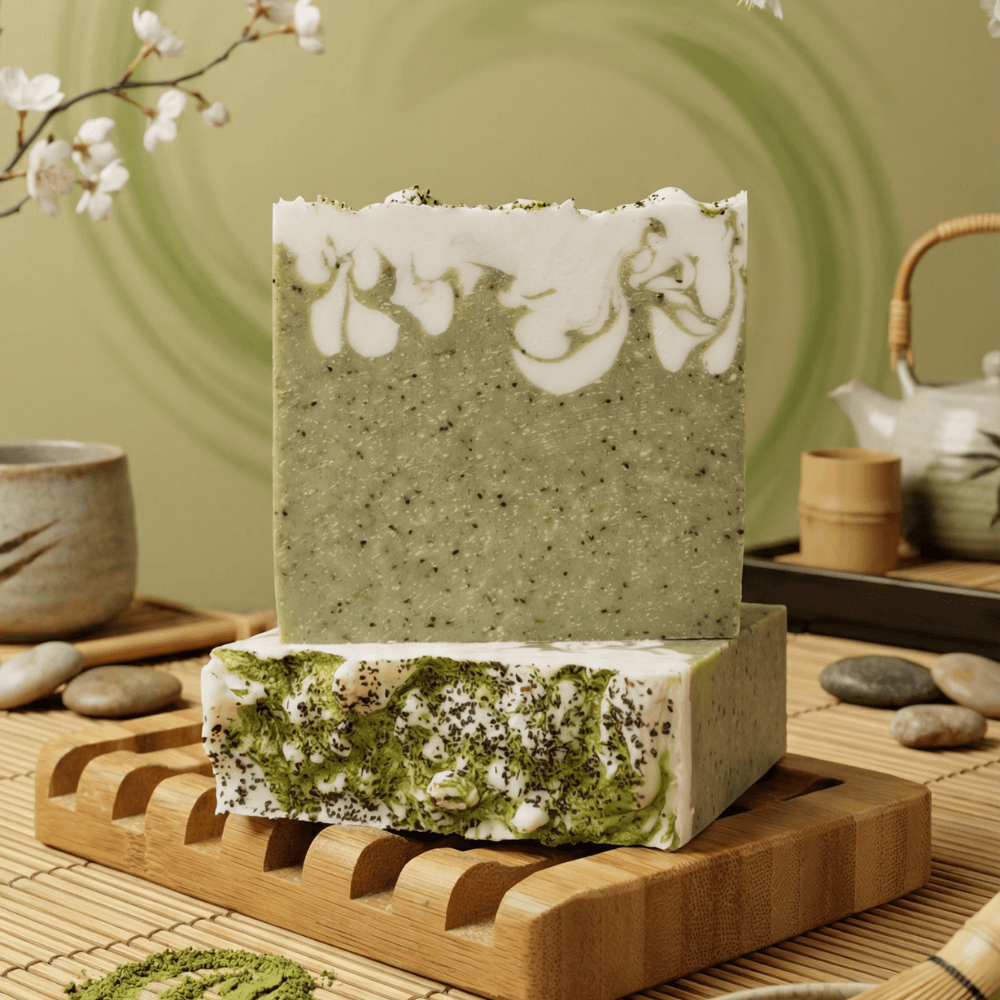 Two bars of green matcha soap with white swirled tops and dark specks, displayed on a wooden soap dish. Spa-inspired setting with tea service and cherry blossoms in soft green background.