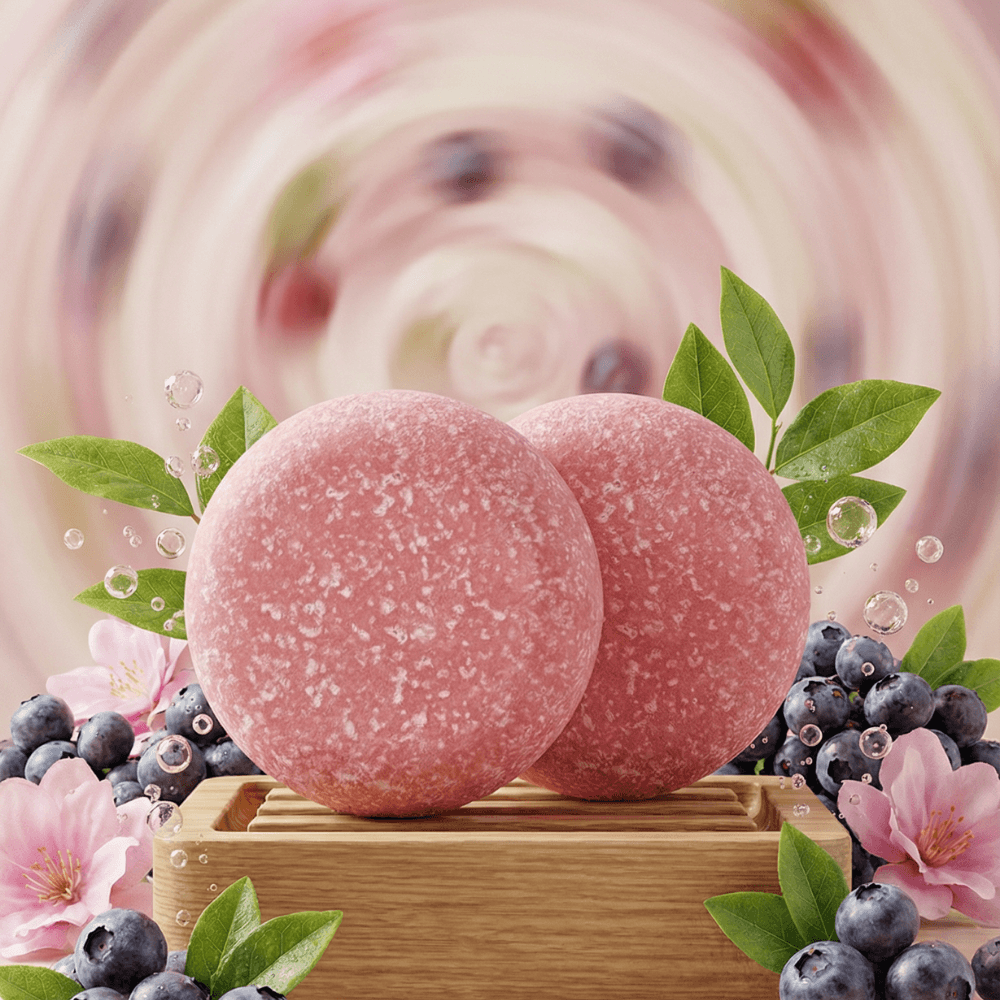 Two round pink sea salt scrub bars with speckled texture, displayed on wooden platform surrounded by fresh blueberries, pink blossoms, and green leaves with water droplets.