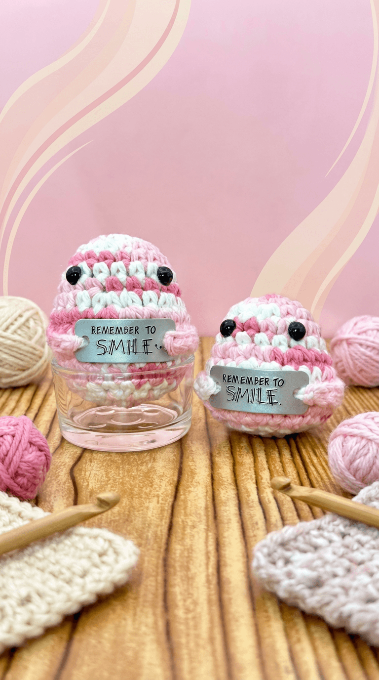 Two crocheted pink and white striped characters with black button eyes holding metal tags reading 'Remember to Smile', displayed on wooden surface with yarn balls and crochet hooks.