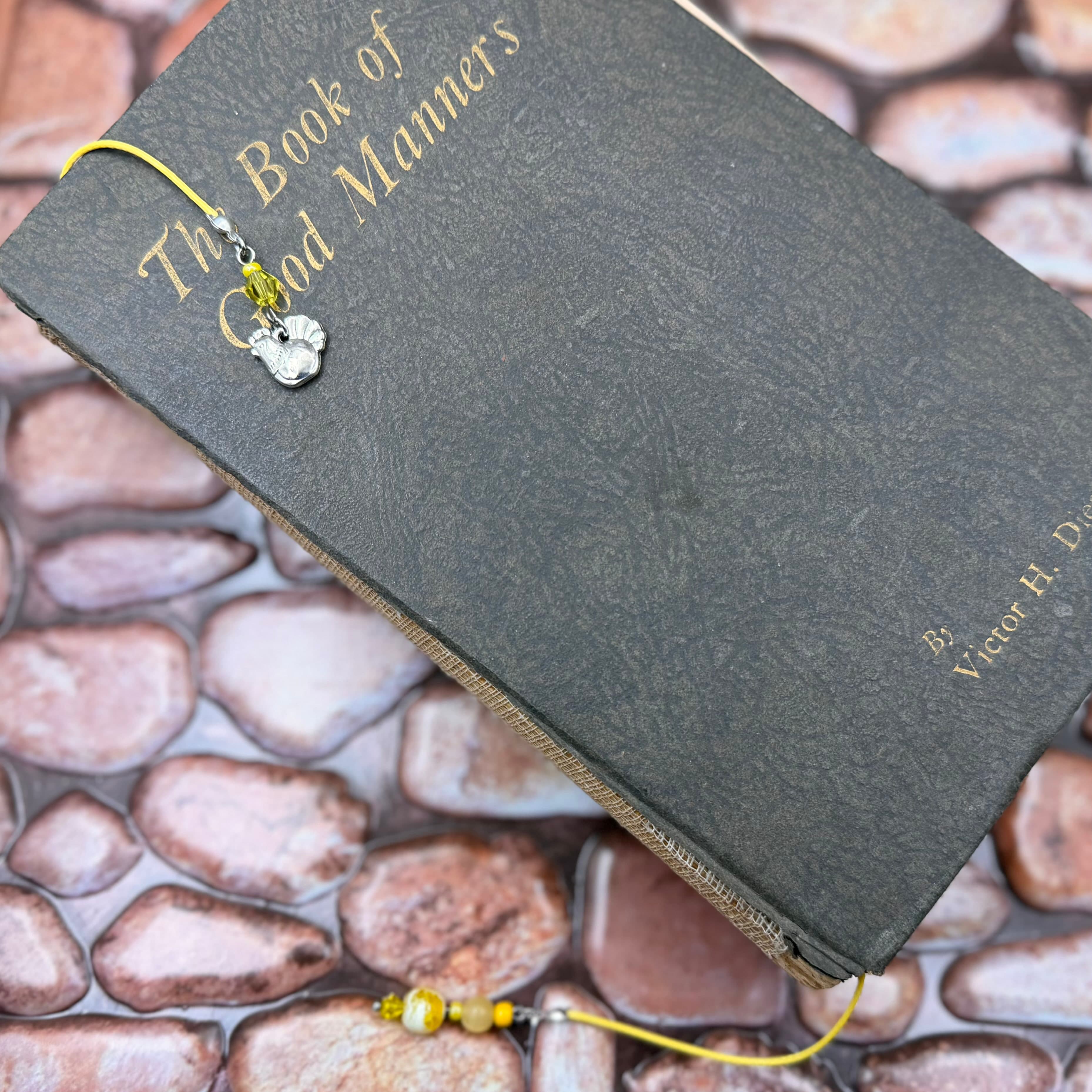 Gray hardcover book titled 'The Book of Good Manners' by Victor H. D. resting on river stones with a yellow cord bookmark featuring a clear crystal hen charm and yellow-green beads.
