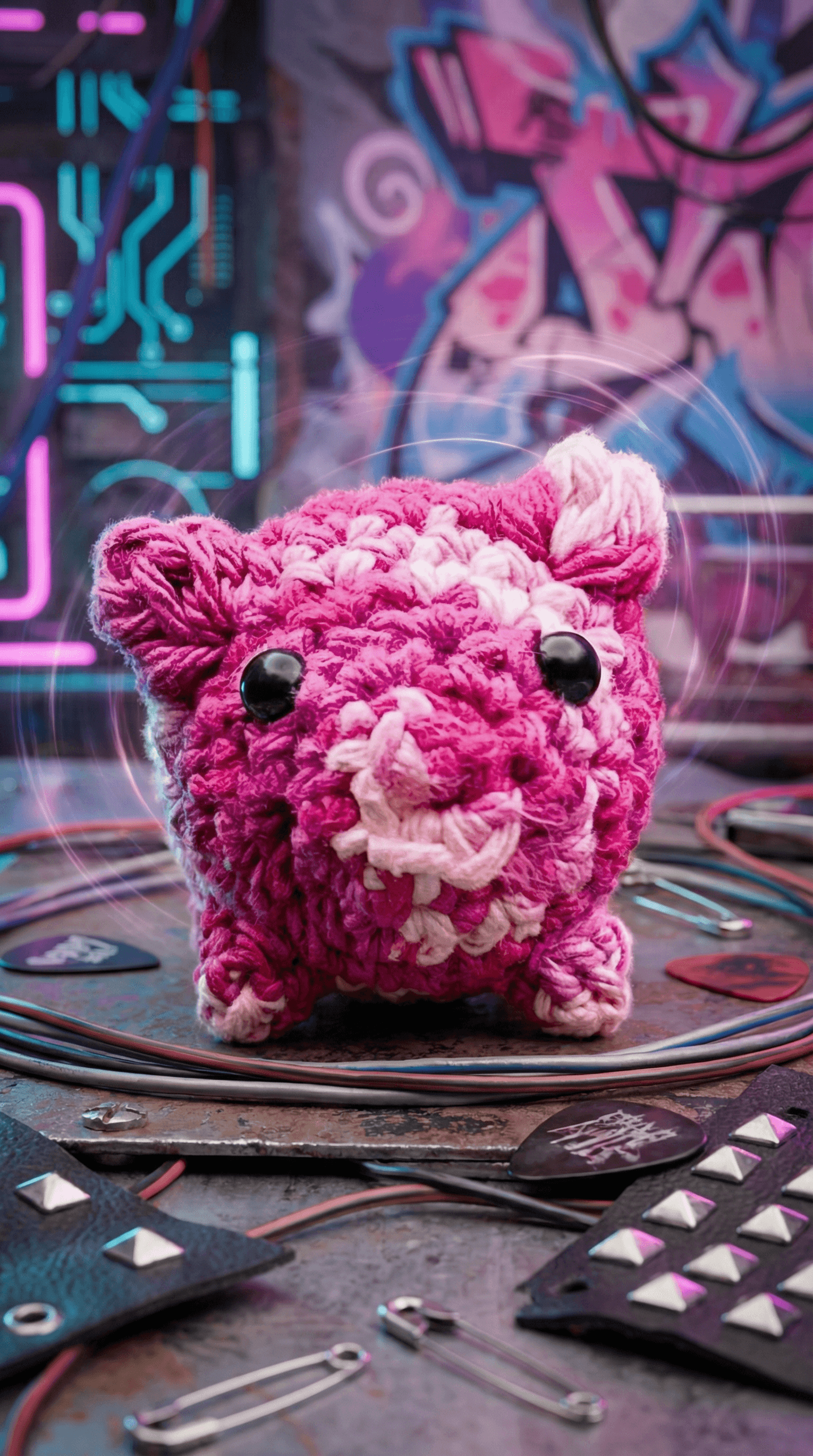 Hand-crocheted pink and white striped pig-shaped sachet with black bead eyes and ears, displayed on metallic plates against vibrant graffiti backdrop with punk accessories.