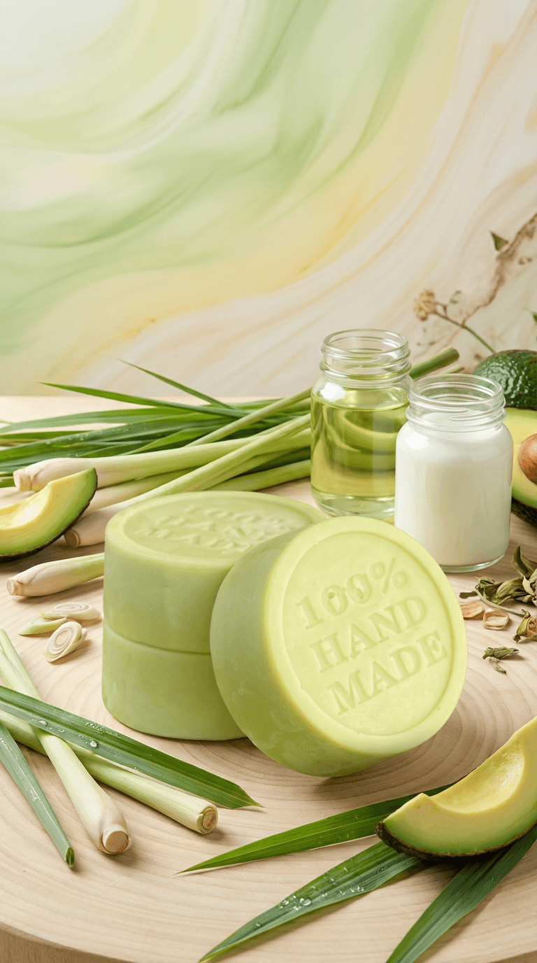 Pale green solid lotion bars stamped with '100% HAND MADE' arranged on wooden board with fresh lemongrass stalks, avocado halves, and glass jars of oils in natural light.