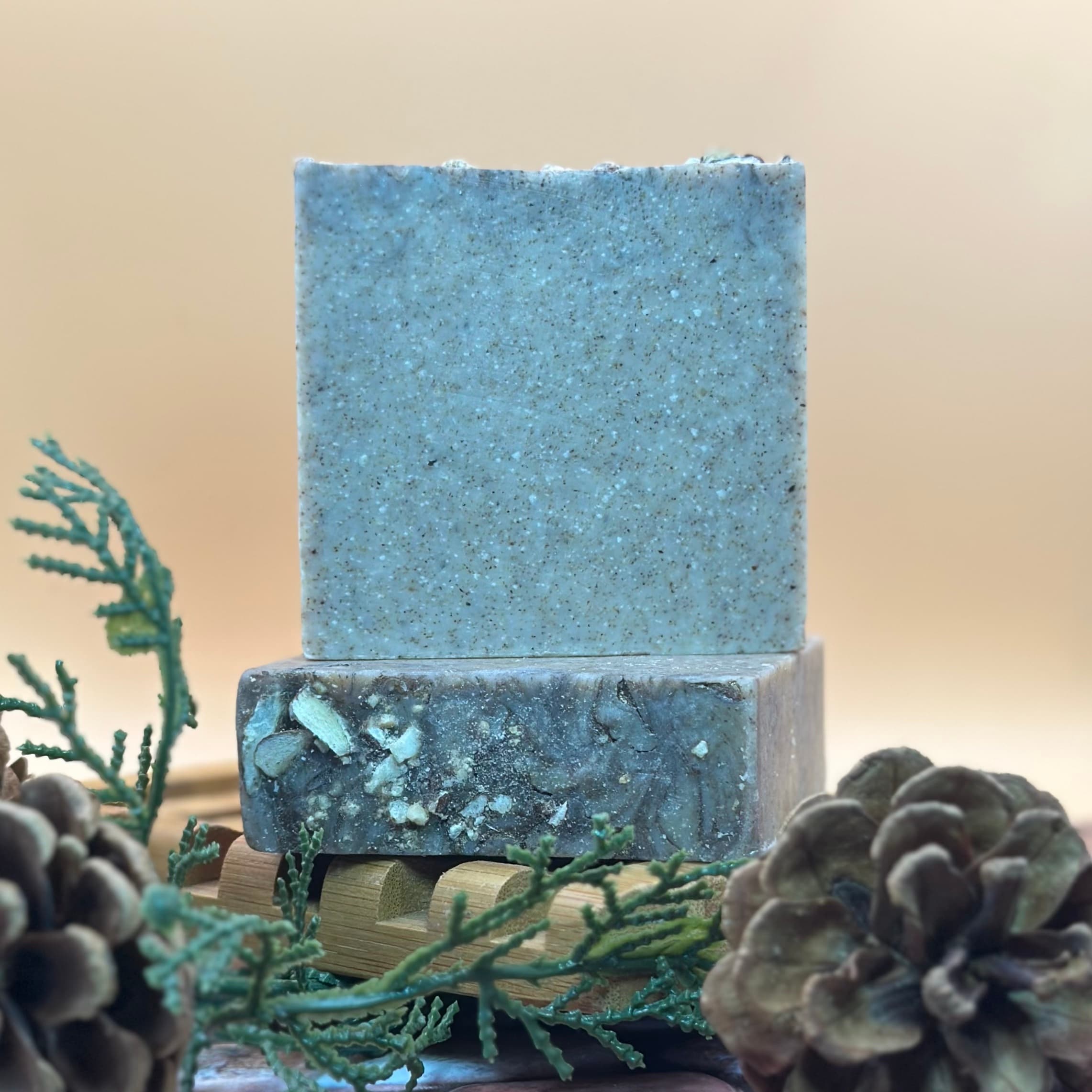 Two stacked bars of light blue speckled soap with visible dark exfoliating particles, displayed on wooden slats surrounded by evergreen sprigs and pinecones against a neutral background.