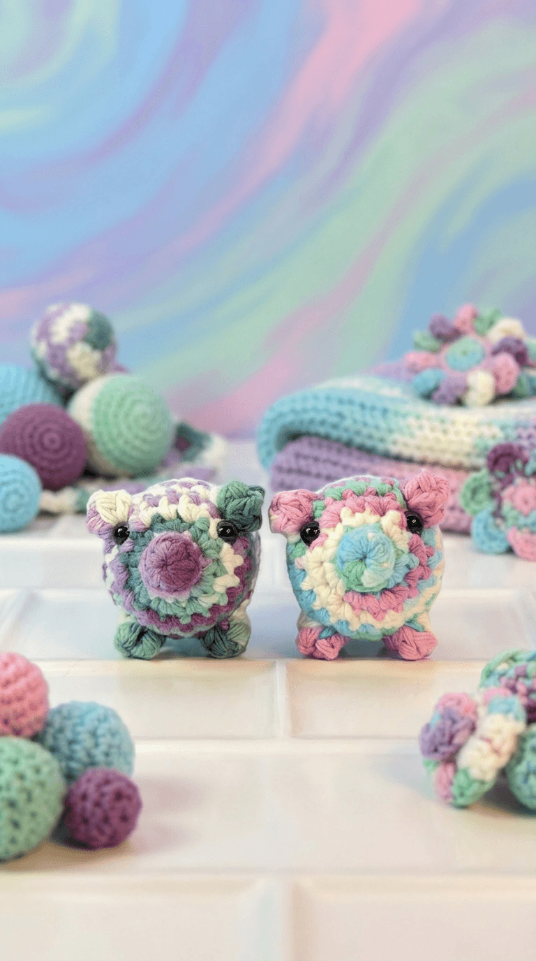 Two small crocheted owl figurines in pastel rainbow stripes with black bead eyes, displayed on white wooden surface surrounded by colorful yarn balls and blankets against soft gradient backdrop.