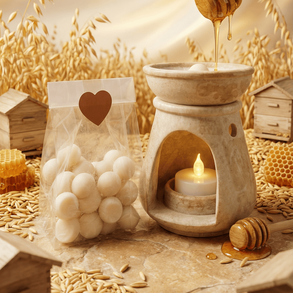 Ceramic oil warmer with lit candle beside a clear bag of white spherical wax melts with a heart label. Honey dipper drips golden honey, surrounded by oats, honeycomb, and wheat stalks.