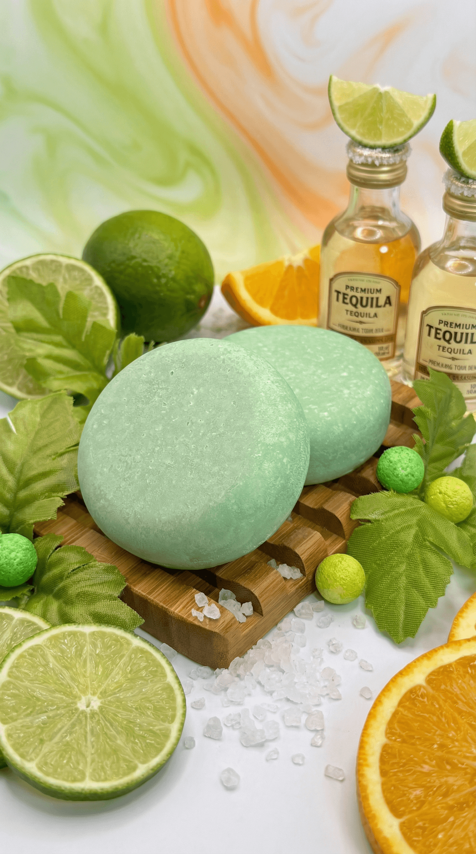 Two pale mint-green round soap bars with sparkly, frosted surface texture displayed on wooden board with fresh limes, orange slices, tequila bottles, and scattered sea salt crystals.