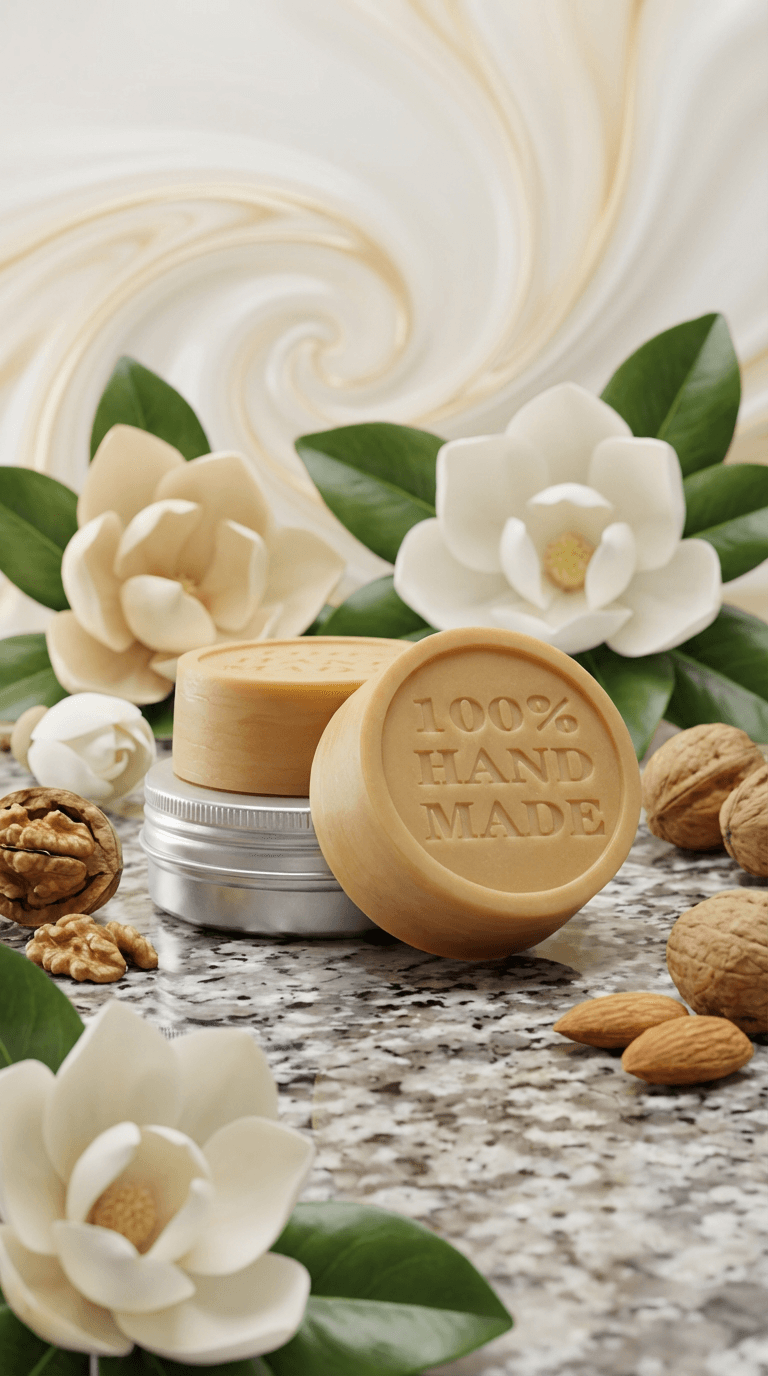 Round beige lotion bar stamped '100% HAND MADE' displayed with aluminum tin, magnolia flowers, and whole nuts on speckled granite surface against cream swirled background.