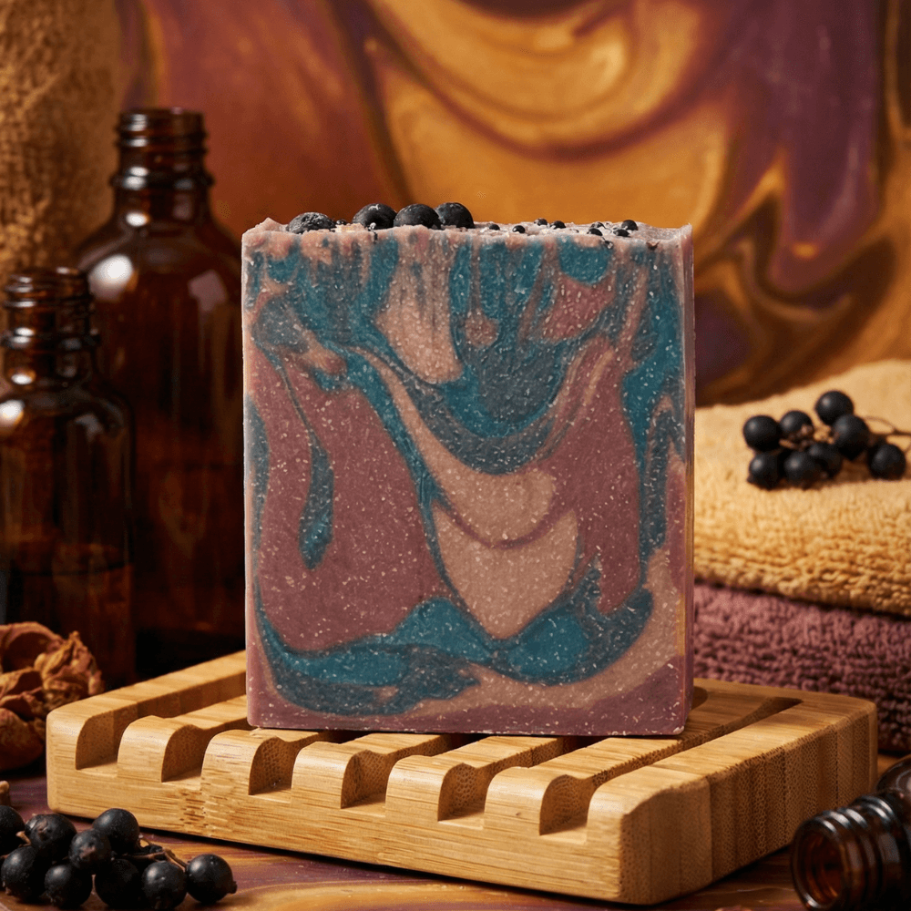 Handcrafted rectangular soap bar with swirled marbling in deep teal, mauve, and taupe colors, topped with black peppercorns, displayed on a bamboo soap dish with towels and amber bottles.