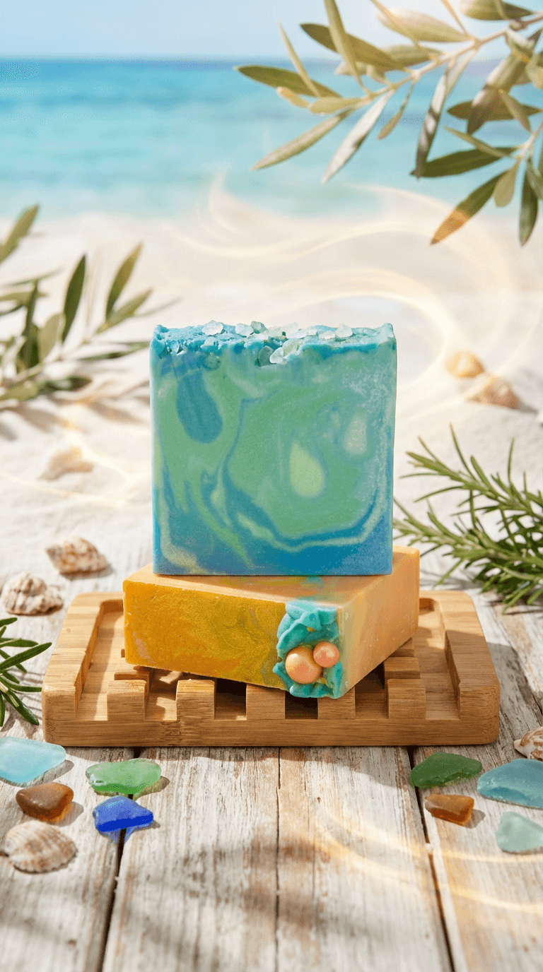 Three handcrafted soap bars on wooden dish: turquoise-blue swirled bar, peachy-orange bar, and small turquoise bar with coral-pink embeds. Beach scene backdrop with olive branches, shells, and sea glass.