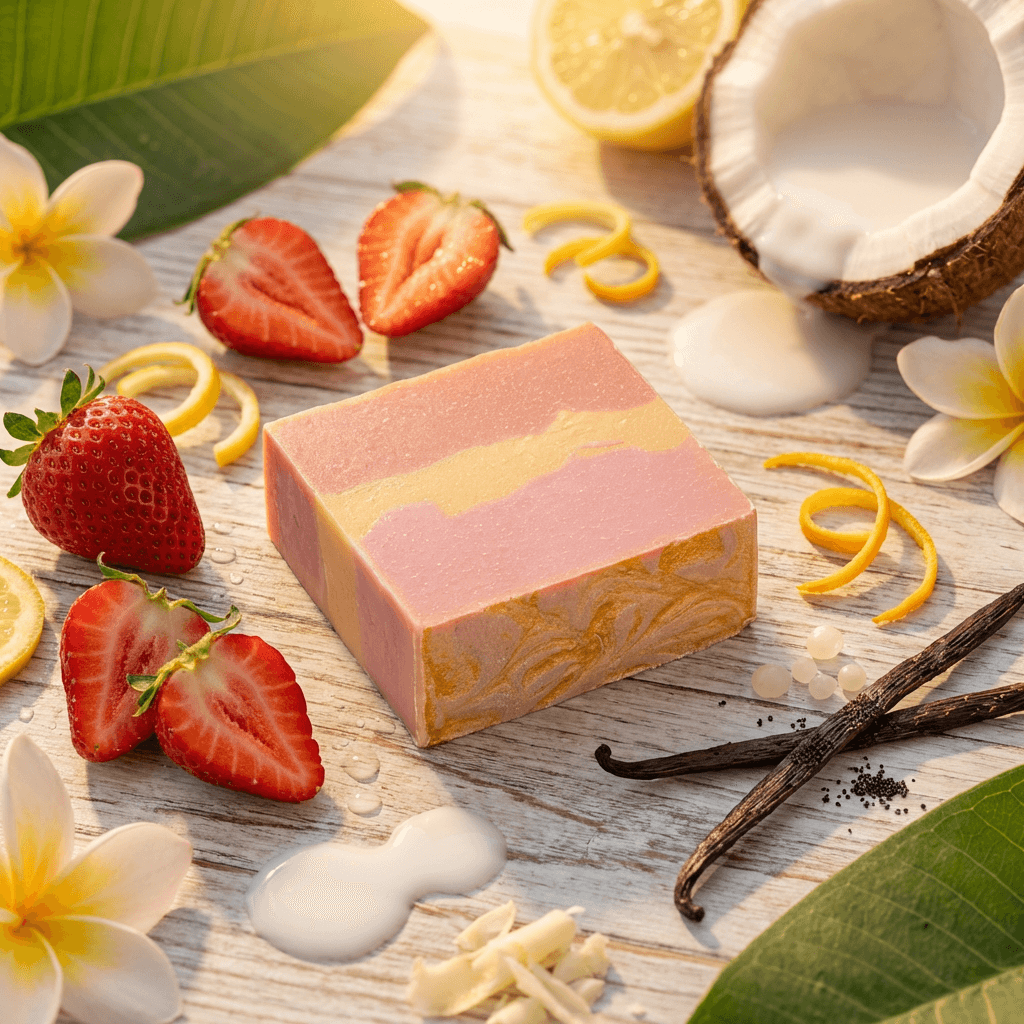 Rectangular soap bar with pink and golden-yellow marbled swirls, displayed on weathered wood surrounded by fresh strawberries, lemon peel, coconut, vanilla beans, and tropical flowers.