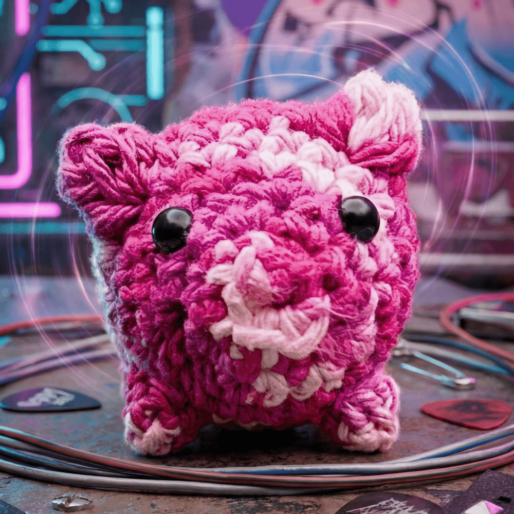 Hand-crocheted pink and white variegated piggy-shaped sachet with black safety eyes and rounded ears, displayed on a stack of CDs against a colorful graffiti background.