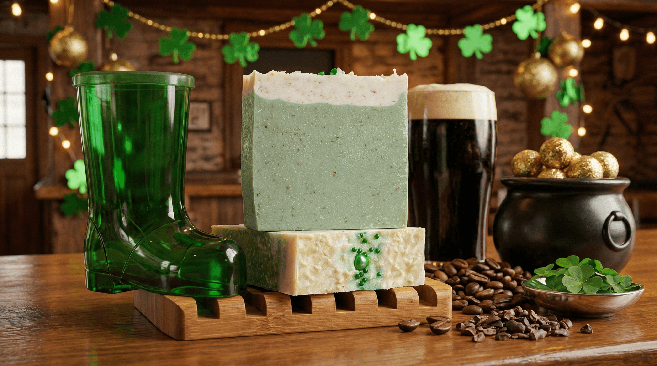 Green and cream layered bar soap with speckled texture on wooden soap dish, styled with green boot, dark beer, shamrocks, coffee beans, and gold-decorated pot against St. Patrick's Day backdrop.