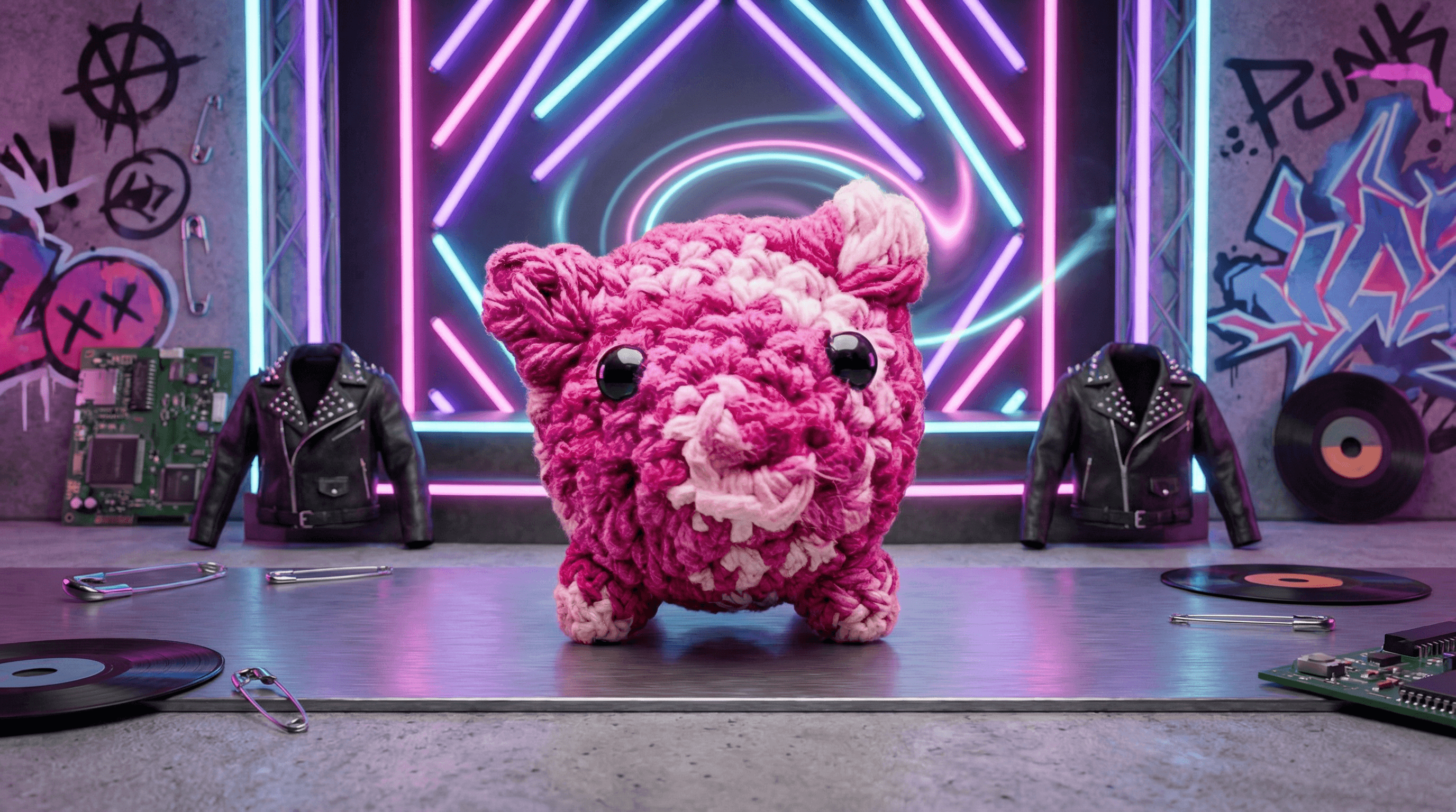 Pink and light pink crocheted pig-shaped sachet with black bead eyes, displayed against neon geometric light installation with leather jackets, vinyl records, and circuit boards.