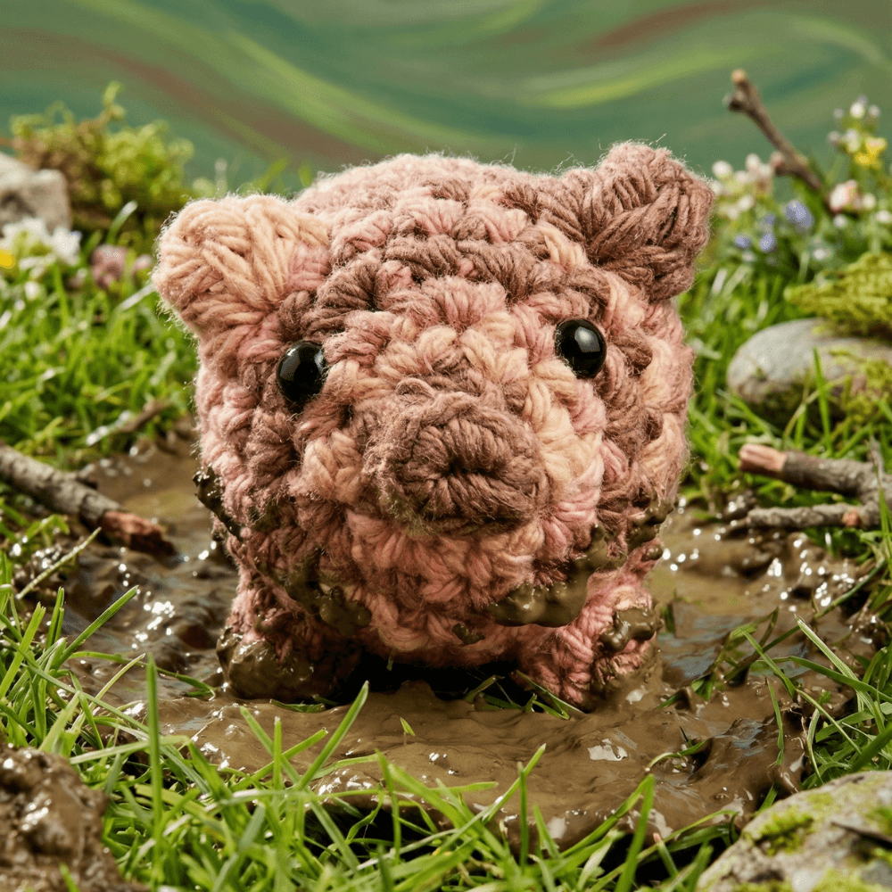 Hand-crocheted pink and brown variegated pig sachet with black bead eyes, positioned in a muddy puddle surrounded by grass, moss, and small flowers in soft focus background.
