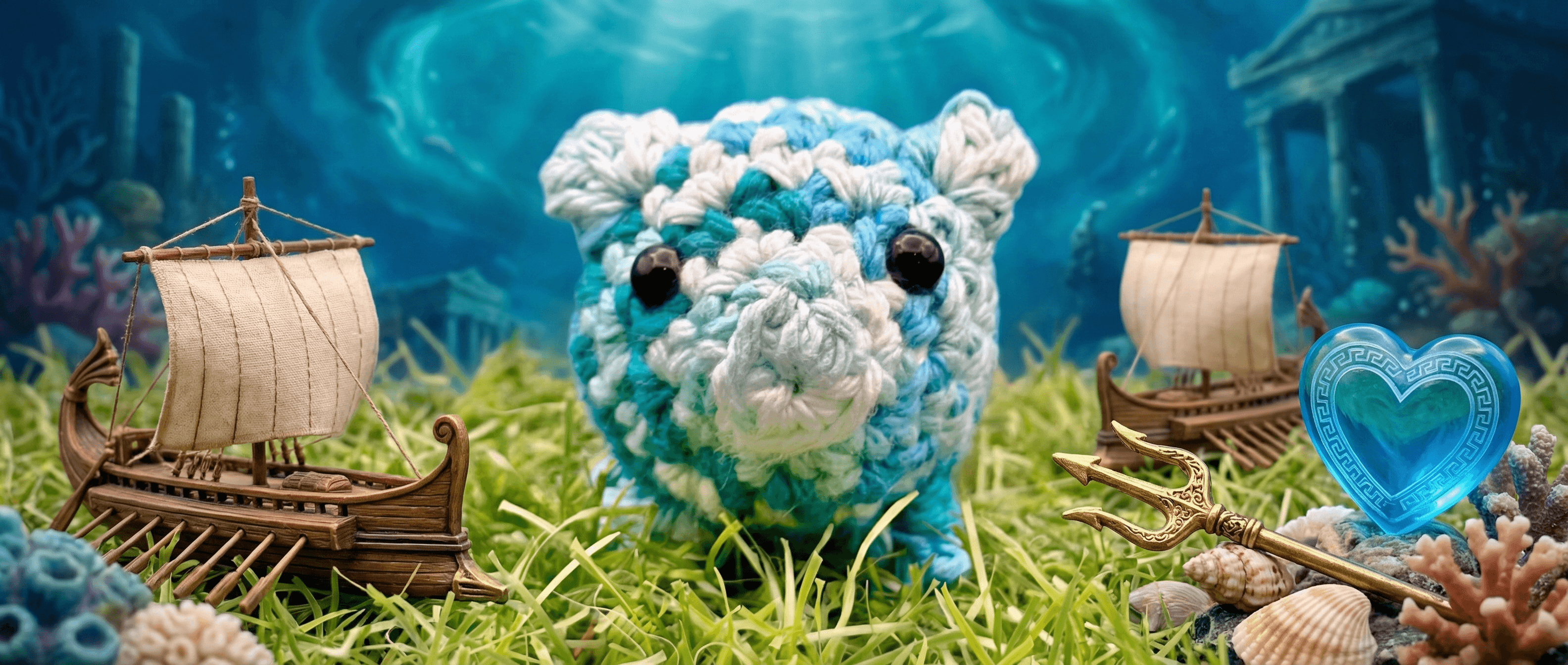 Hand-crocheted piggy sachet in variegated blue, white, and turquoise yarn with black bead eyes, displayed with miniature Greek ships, golden trident, and heart-shaped container on grass against an underwater backdrop.