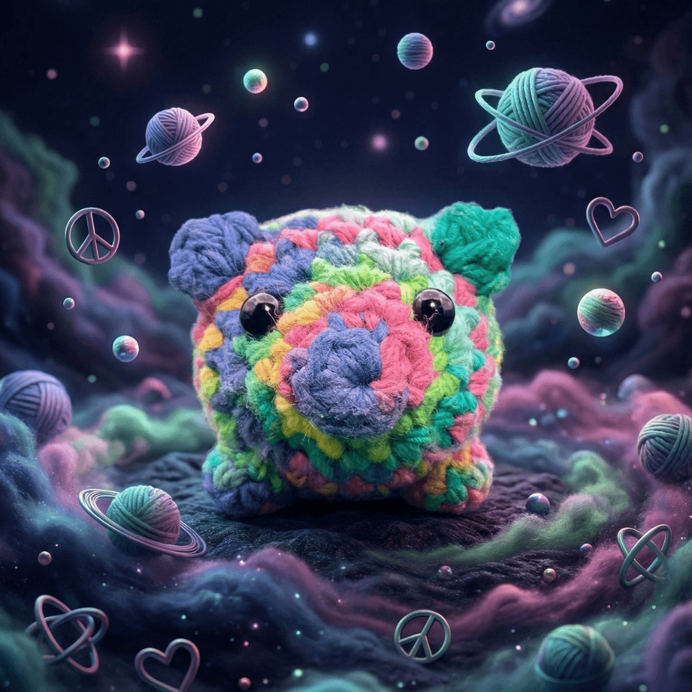 Rainbow-colored crocheted pig sachet with black button eyes, displayed against a whimsical space background with yarn planets, peace signs, and hearts floating around it.