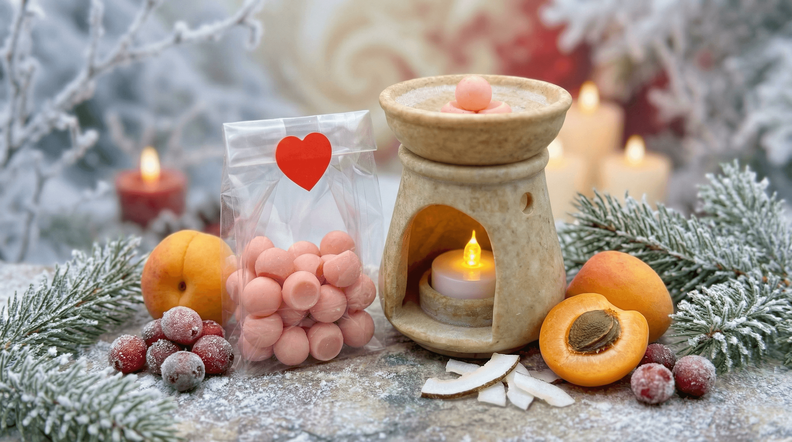 Ceramic oil warmer with lit tea light beside clear bag of pink spherical wax melts with heart sticker, surrounded by frosted cranberries, apricots, evergreen branches and coconut pieces in winter scene.