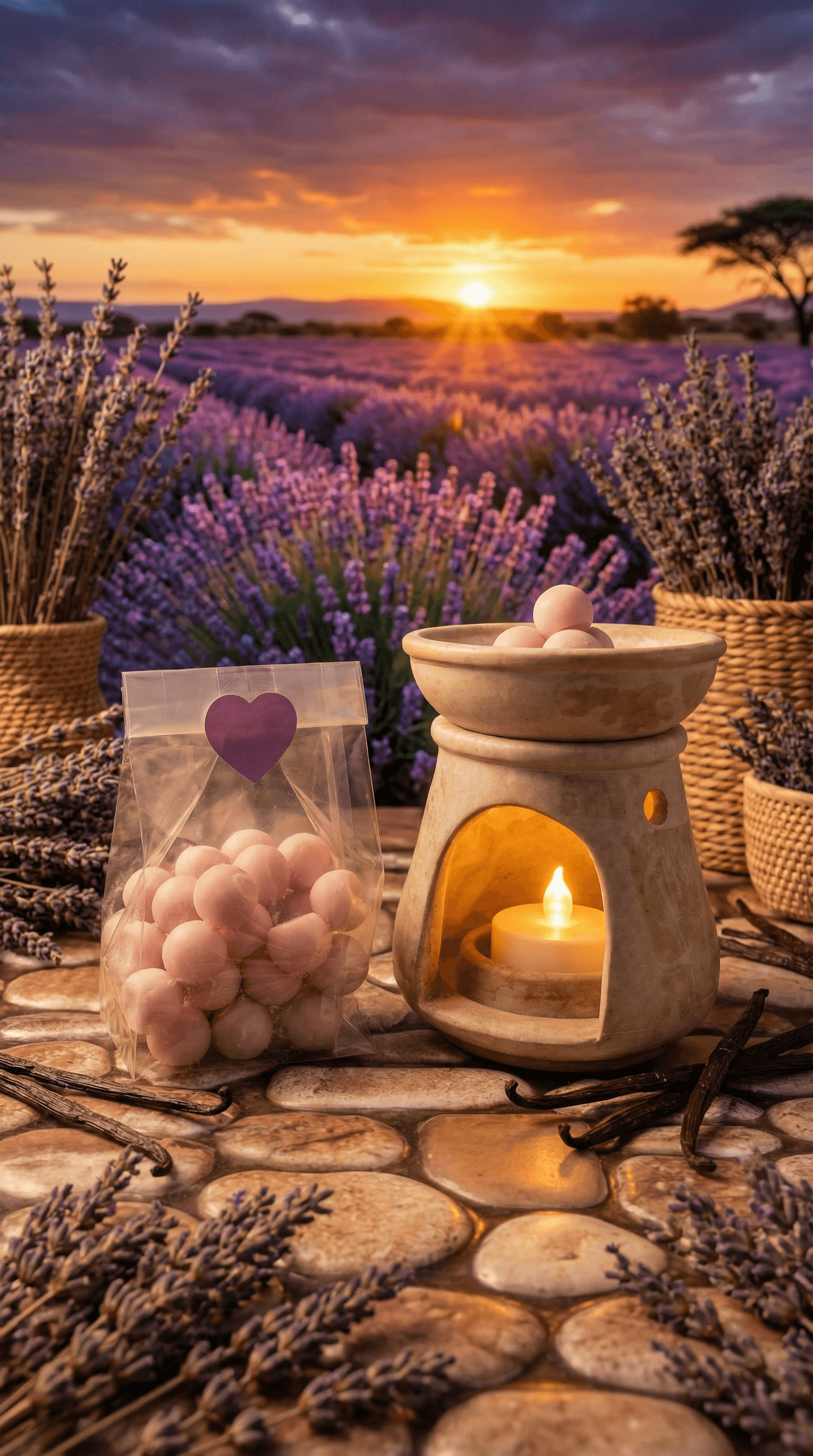 Ceramic wax warmer with lit candle beside clear bag of pink spherical wax melts with heart label, arranged on stone surface with lavender field at sunset in background.