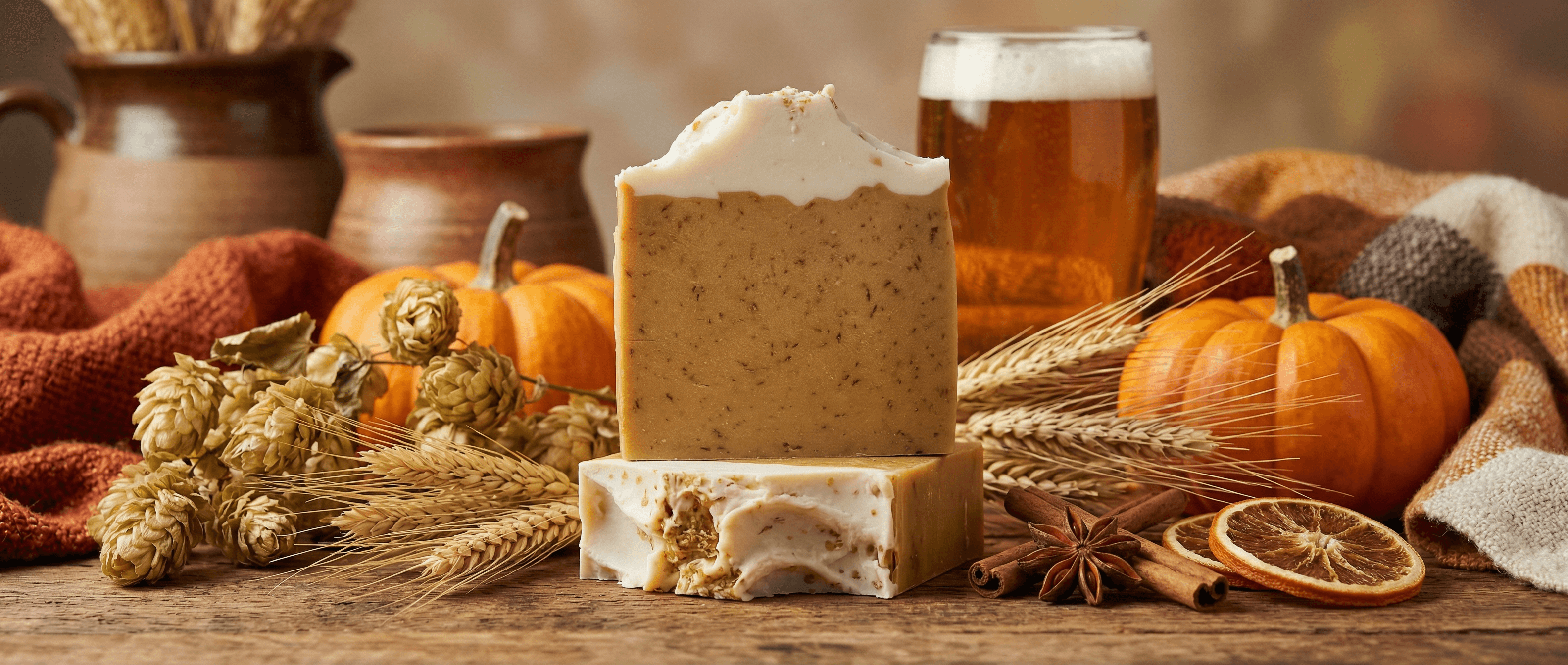 Tan and cream layered bar soap with speckled texture, topped with white frosting-style swirl. Displayed with pumpkins, wheat stalks, hops, dried citrus, cinnamon, and amber beer glass.