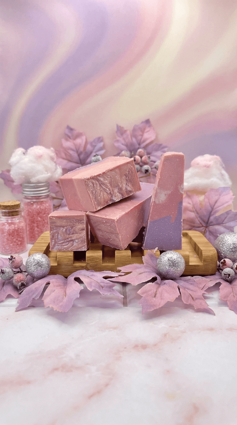 Pink and purple handmade soap bars with marbled texture displayed on bamboo tray, surrounded by purple botanical leaves, pink salt in jars, and sparkly decorative accents.