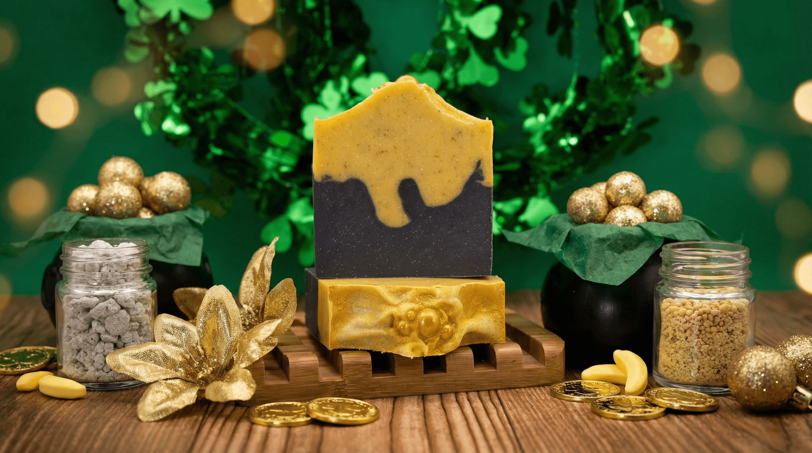 Two-toned handcrafted soap bar with golden yellow top dripping over charcoal gray base, displayed on wooden soap dish. Styled with festive green and gold decorations, glass jars of soap ingredients.