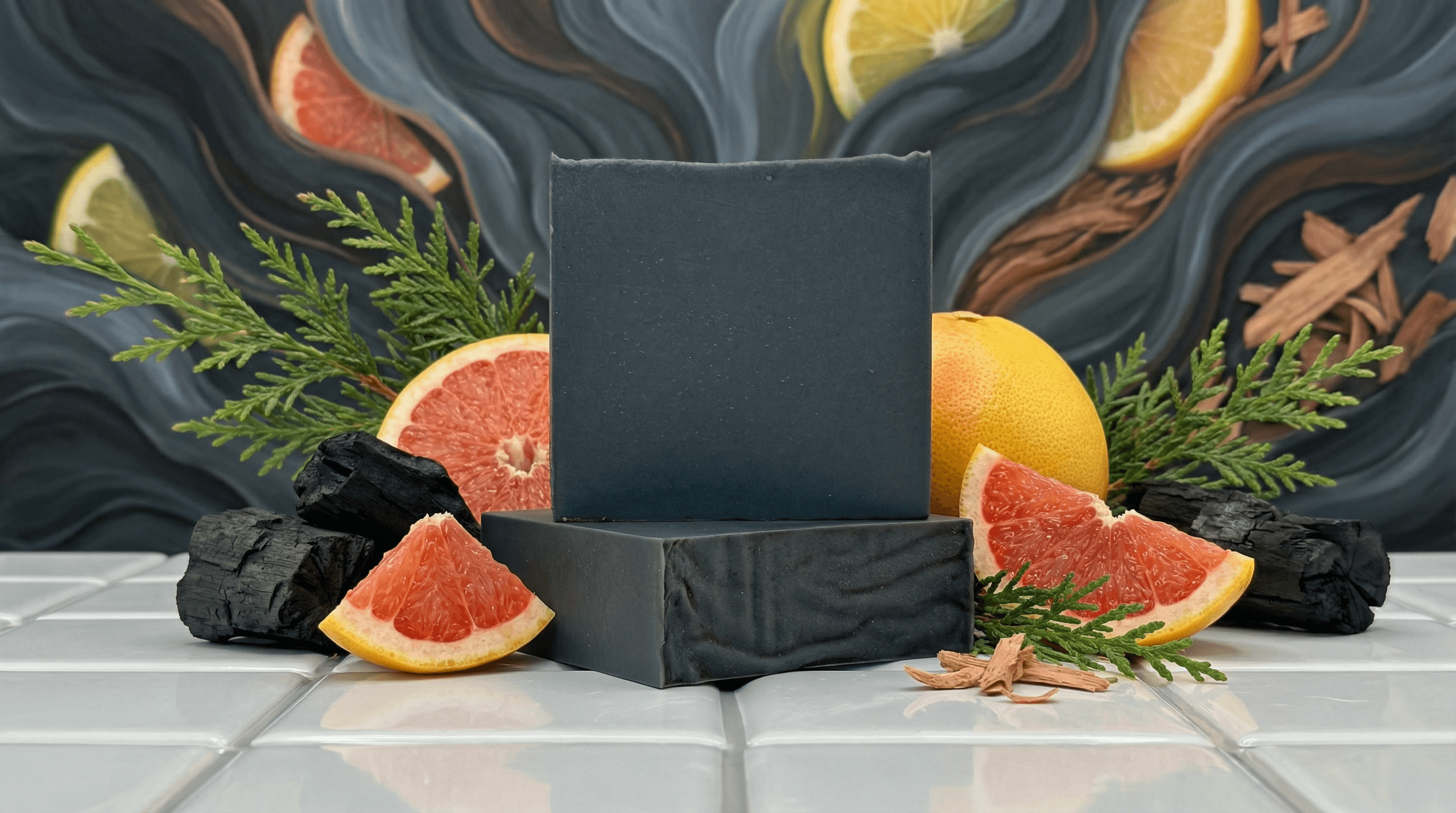 Dark charcoal-colored soap bars with smooth matte finish, displayed with grapefruit slices, evergreen sprigs, charcoal chunks, and star anise on white tile against swirled fabric backdrop.