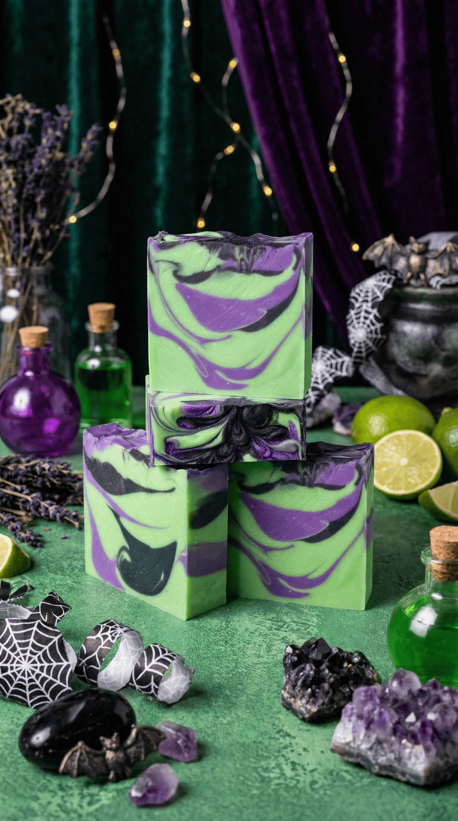 Three bars of handcrafted soap with bold purple, lime green, and black marbled swirls, arranged on a green surface with Halloween-themed props including dried lavender, crystals, and cobweb decorations.