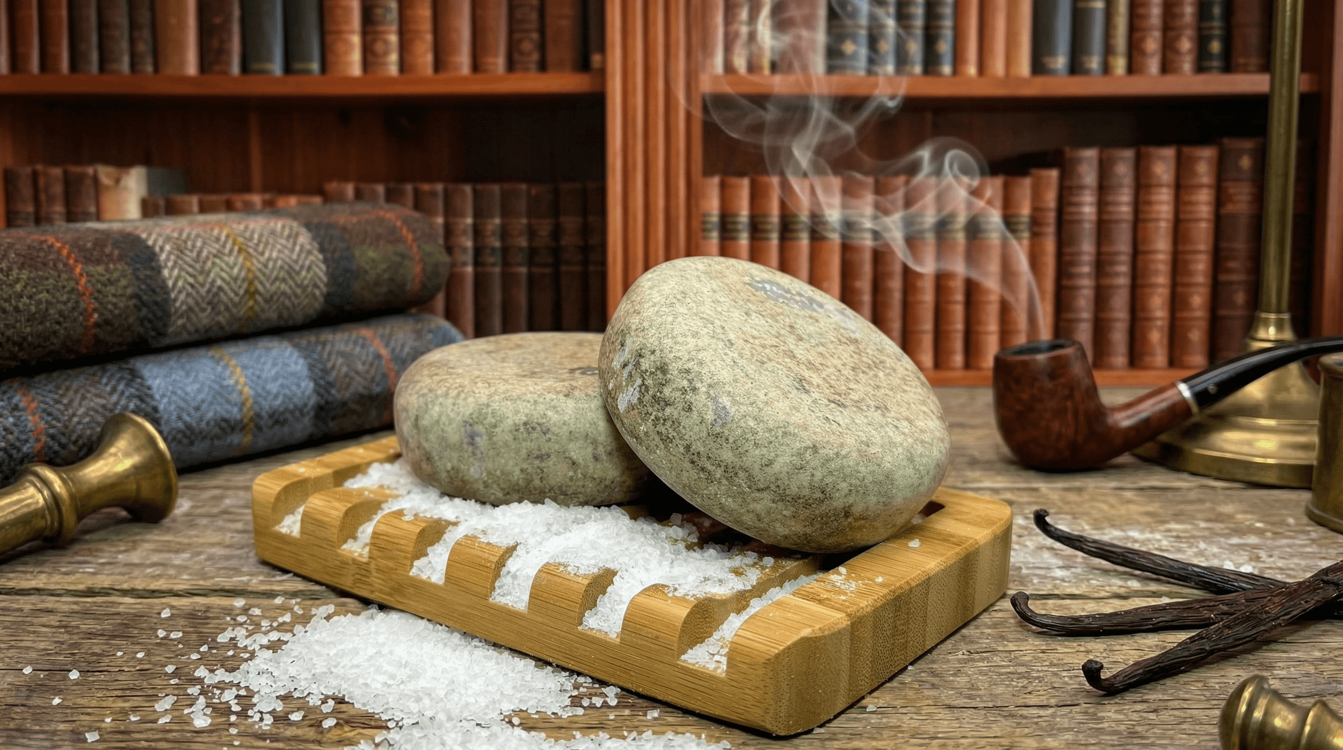 Two smooth, oval river stones rest on a wooden tray with sea salt and curved indentations. Folded tweed blankets, brass candlestick, smoking pipe, and books create a cozy library setting.