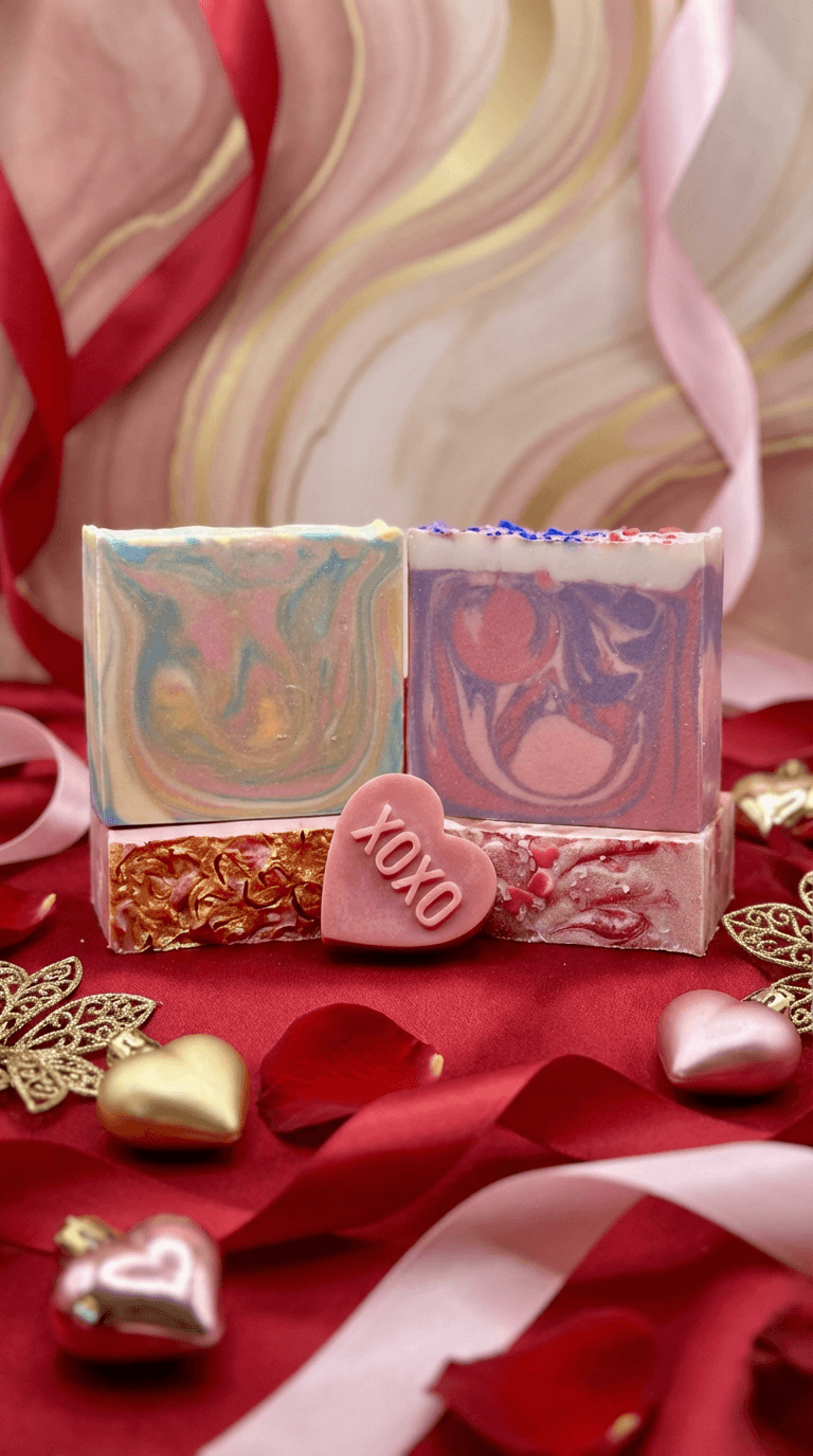 Four handcrafted soap bars with marbled swirls in pastel blue-yellow, purple-cream, gold-studded pink, and rose-pink tones, arranged in a grid with a pink XOXO heart decoration. Displayed on red fabric with gold and pink heart ornaments scattered around.