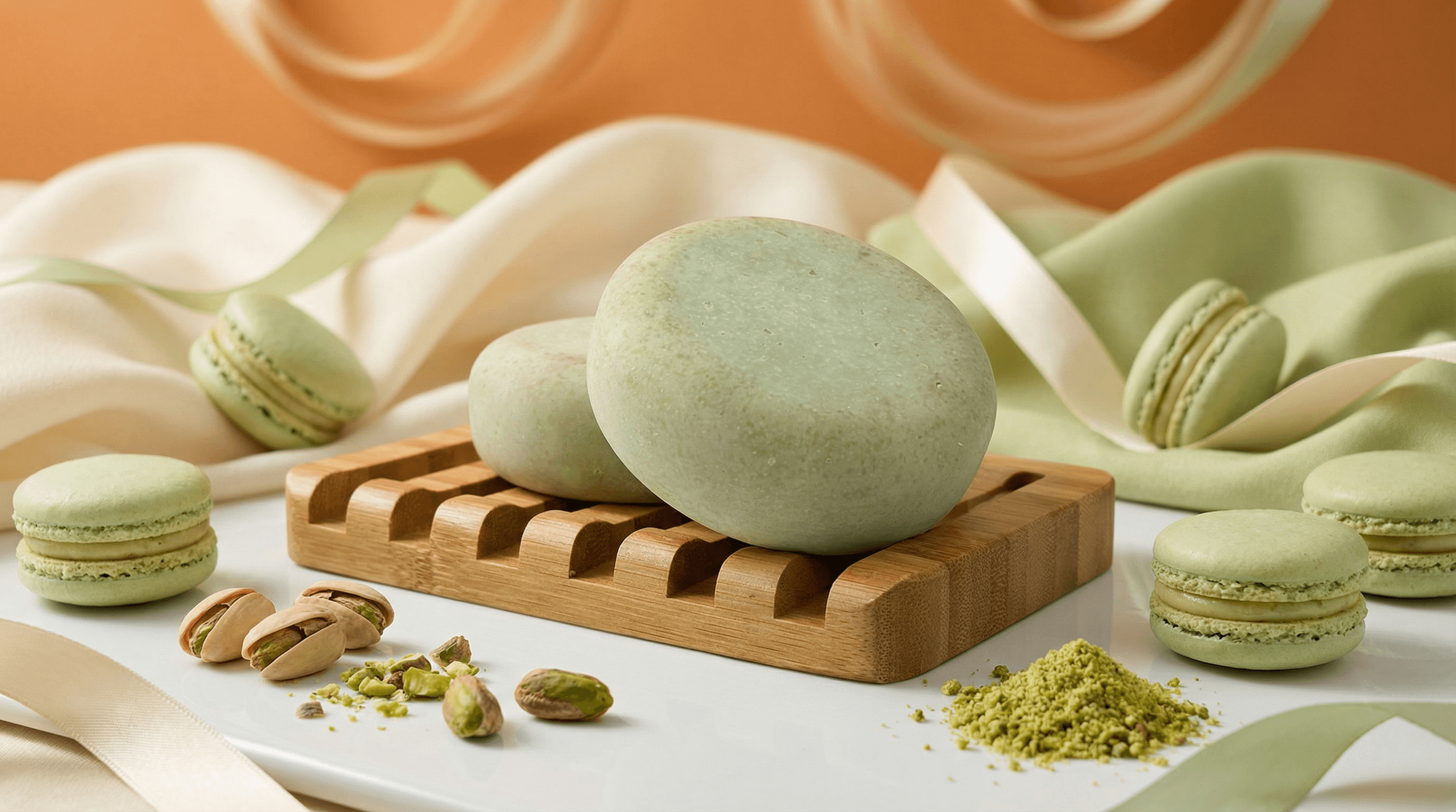 Pale mint-green oval soap bar with smooth matte finish on wooden slat soap dish, surrounded by pistachios, powdered pistachio, and light green macarons on white surface.