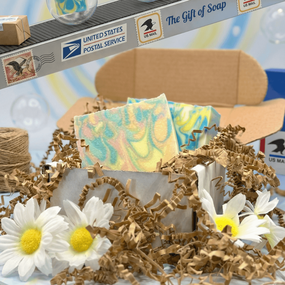 Two turquoise, yellow, and coral swirled soap bars nestled in tan crinkle paper with white daisies, displayed in front of USPS-themed packaging and kraft shipping boxes.