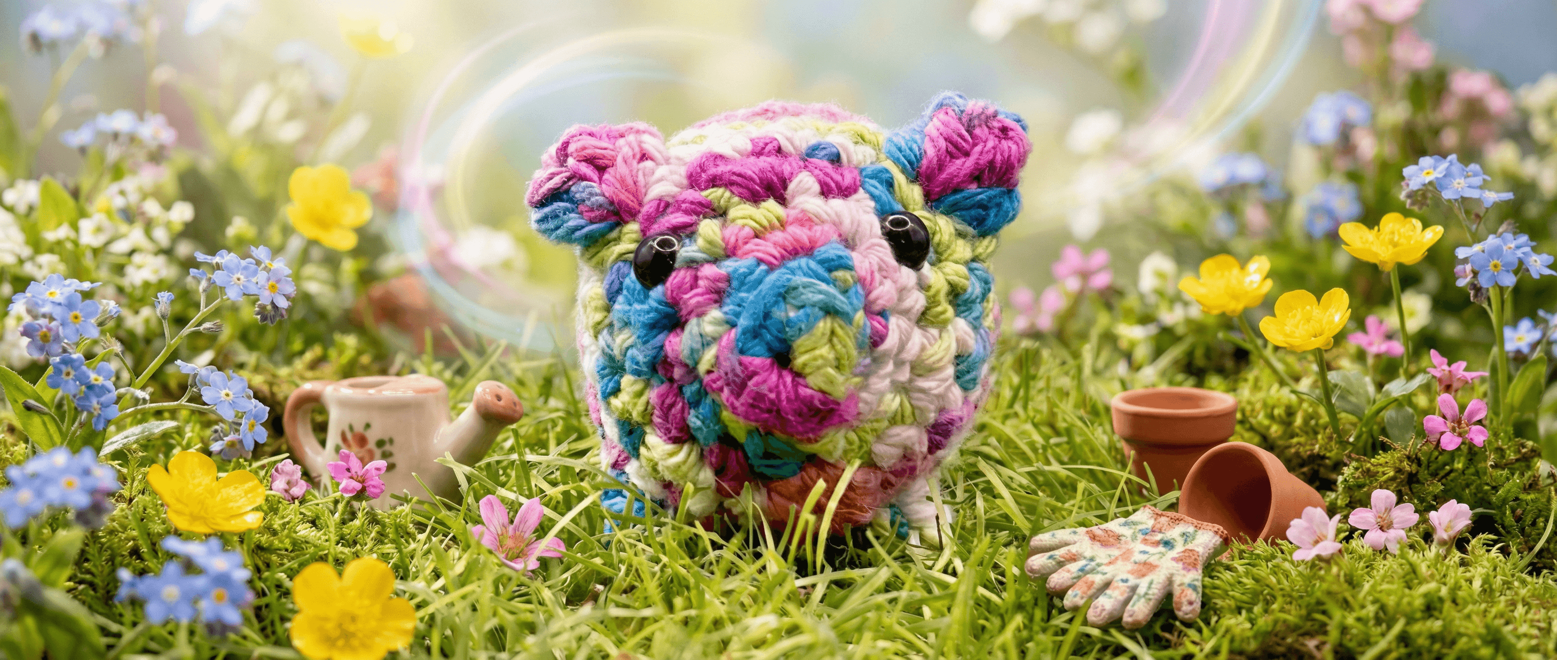 Colorful hand-crocheted guinea pig made with variegated pink, blue, green, and white yarn, sitting in artificial grass surrounded by miniature gardening props and spring flowers.