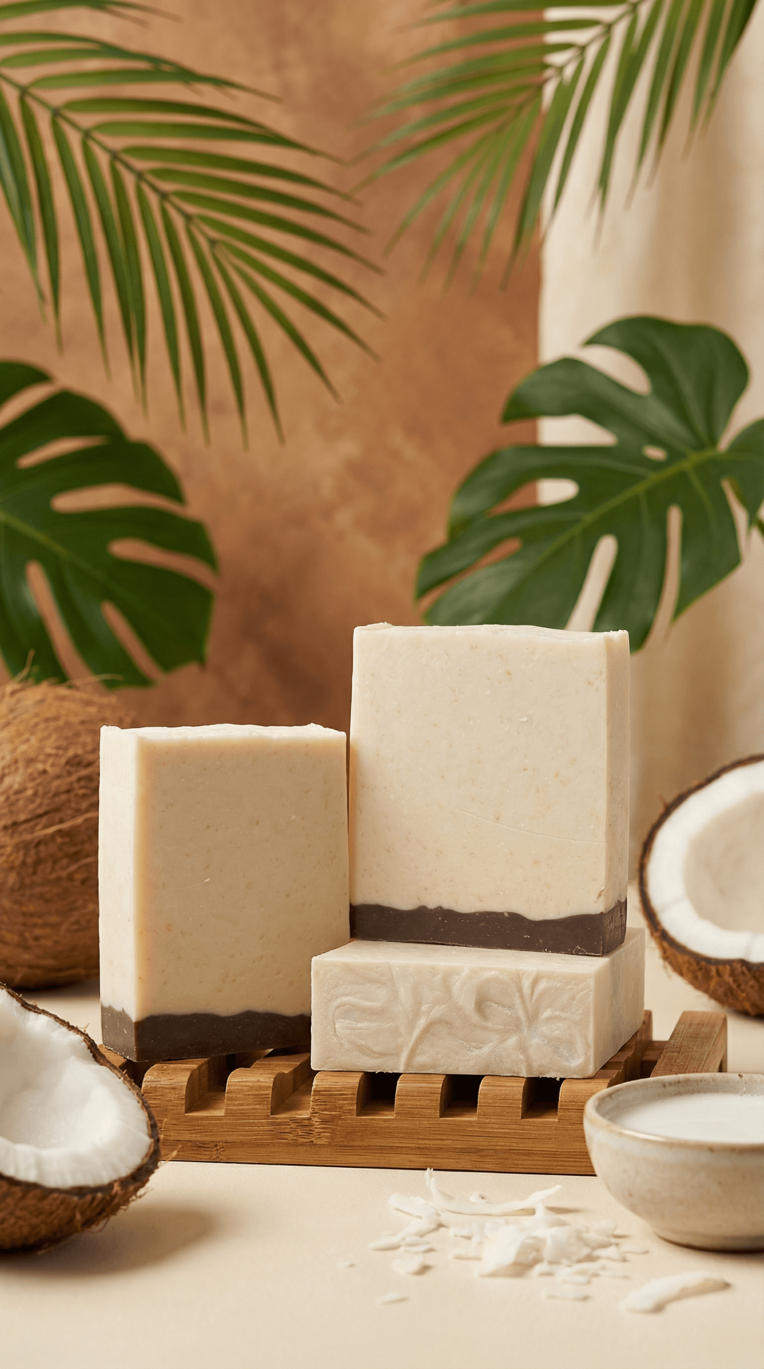 Three cream-colored bar soaps with dark brown bases stacked on a bamboo soap dish, surrounded by coconuts, tropical palm leaves, and a small bowl of coconut milk.