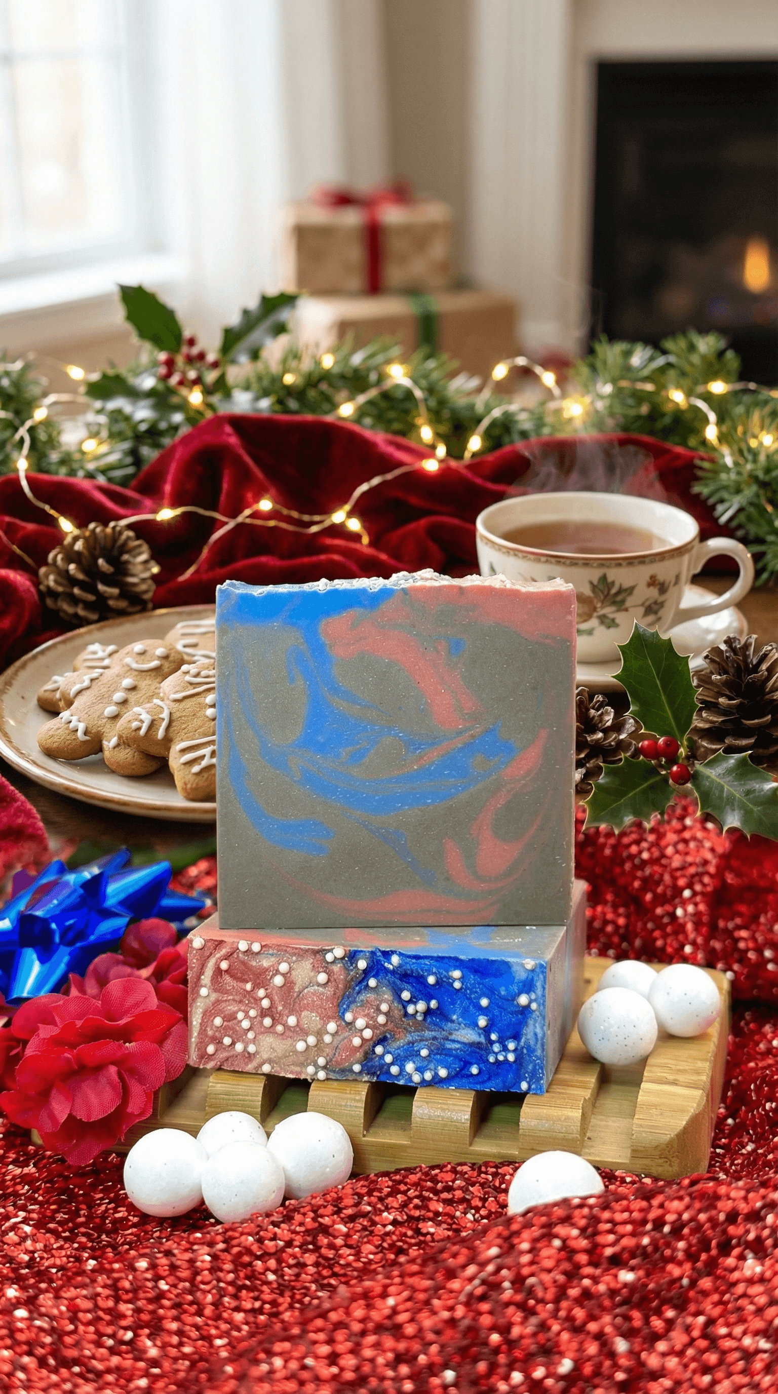 Two handcrafted soap bars on wooden soap dish surrounded by Christmas decor. Top bar features swirled blue, pink, and gray marbling. Bottom bar shows blue and coral sections with white pearl embellishments.