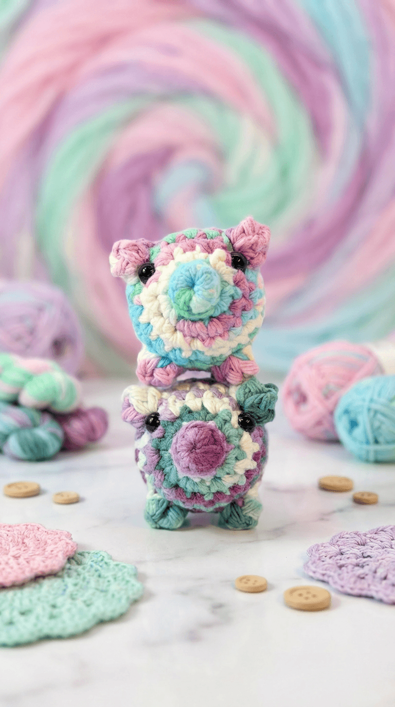 Two stacked crocheted guinea pig sachets in pastel rainbow stripes of pink, mint, yellow, and lavender with black bead eyes and matching ears and feet, displayed against a swirled pastel background.