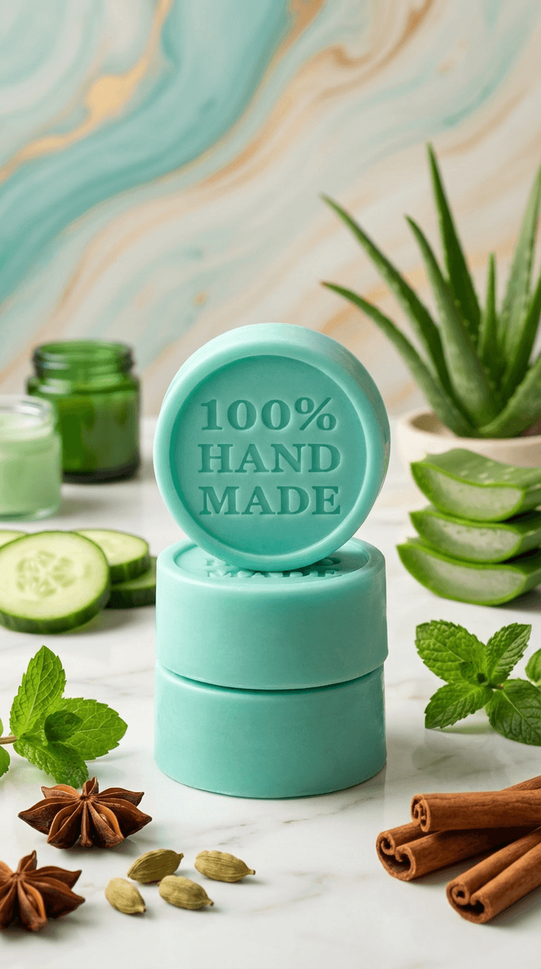 Three stacked turquoise solid lotion bars with '100% HAND MADE' embossed on top, surrounded by fresh aloe, cucumber slices, mint leaves, star anise, cardamom pods, and cinnamon sticks on white marble.