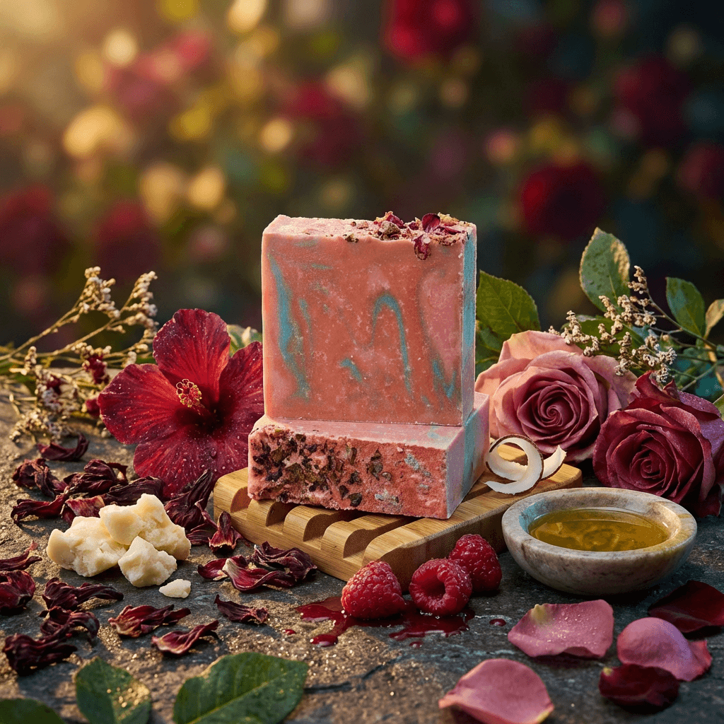 Pink and teal marbled soap bars with dried rose petals on top, displayed on wooden dish surrounded by fresh roses, hibiscus, raspberries, shea butter, and oil in small bowl.