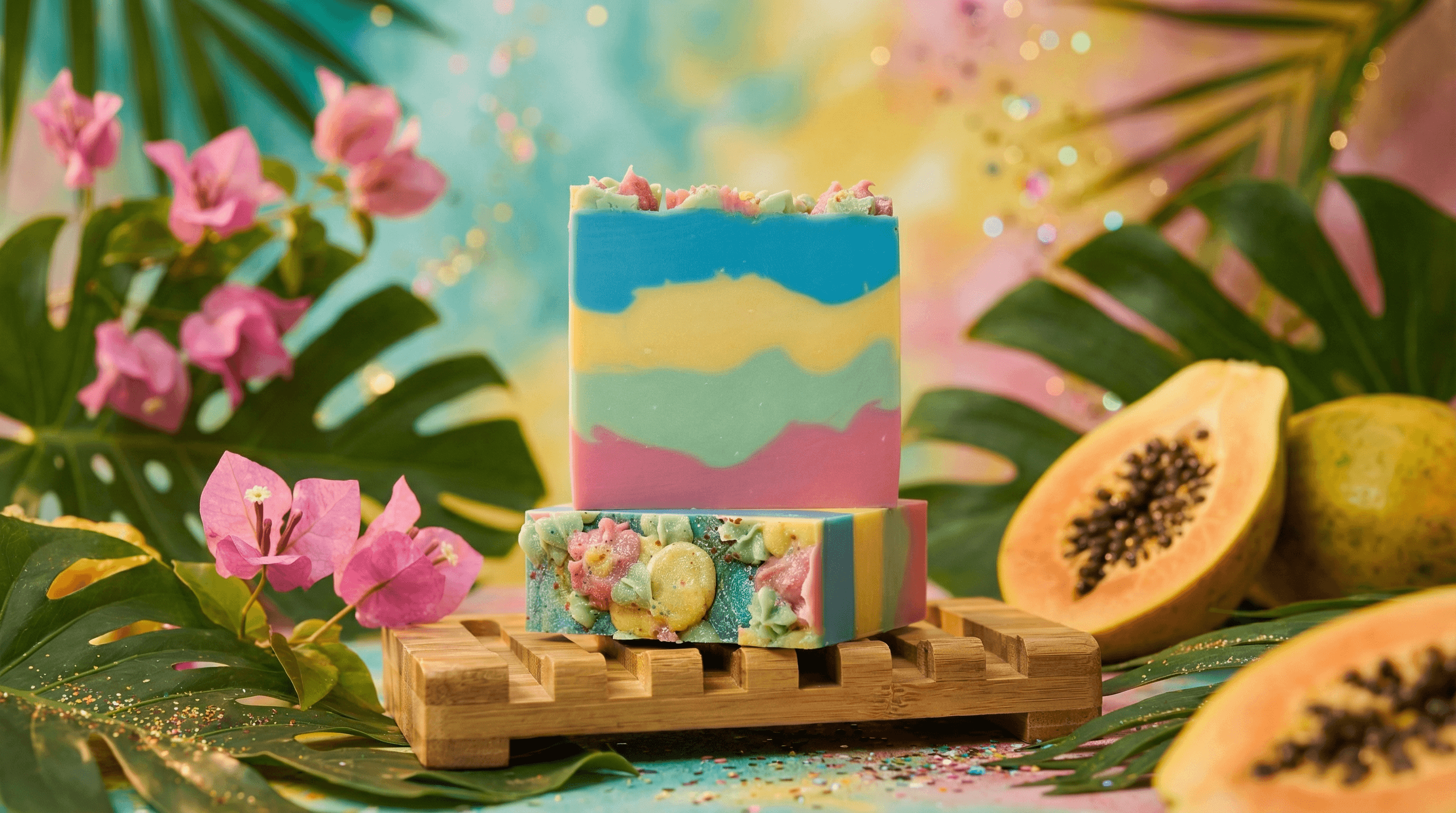 Colorful layered soap bar with wavy blue, yellow, mint, and pink stripes topped with fruit cereal pieces, displayed on bamboo tray with tropical leaves, pink flowers, and fresh papaya.