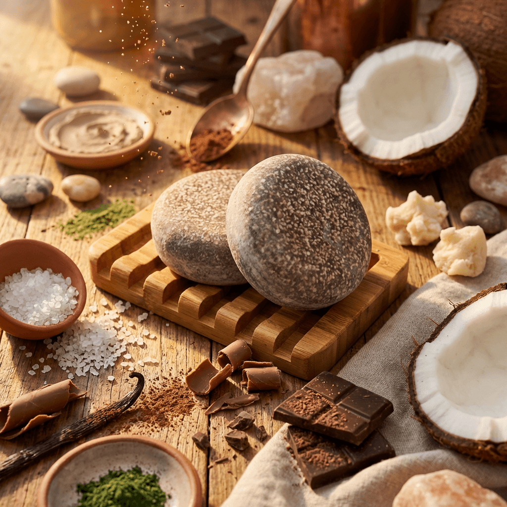 Two round, rustic brown soap bars with textured, speckled surfaces rest on a wooden soap dish. Surrounded by natural ingredients including coconut halves, chocolate pieces, vanilla beans, sea salt, and shea butter in an artisan flatlay arrangement.